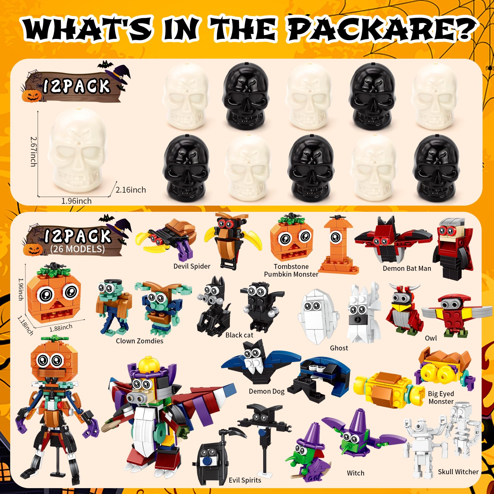 Halloween Party Bag Fillers for Kids 12 Prefilled Skeleton Skulls with 12Pcs 2- in-1-Halloween Building Blocks Toys &1 Goodie Bag - Image 4