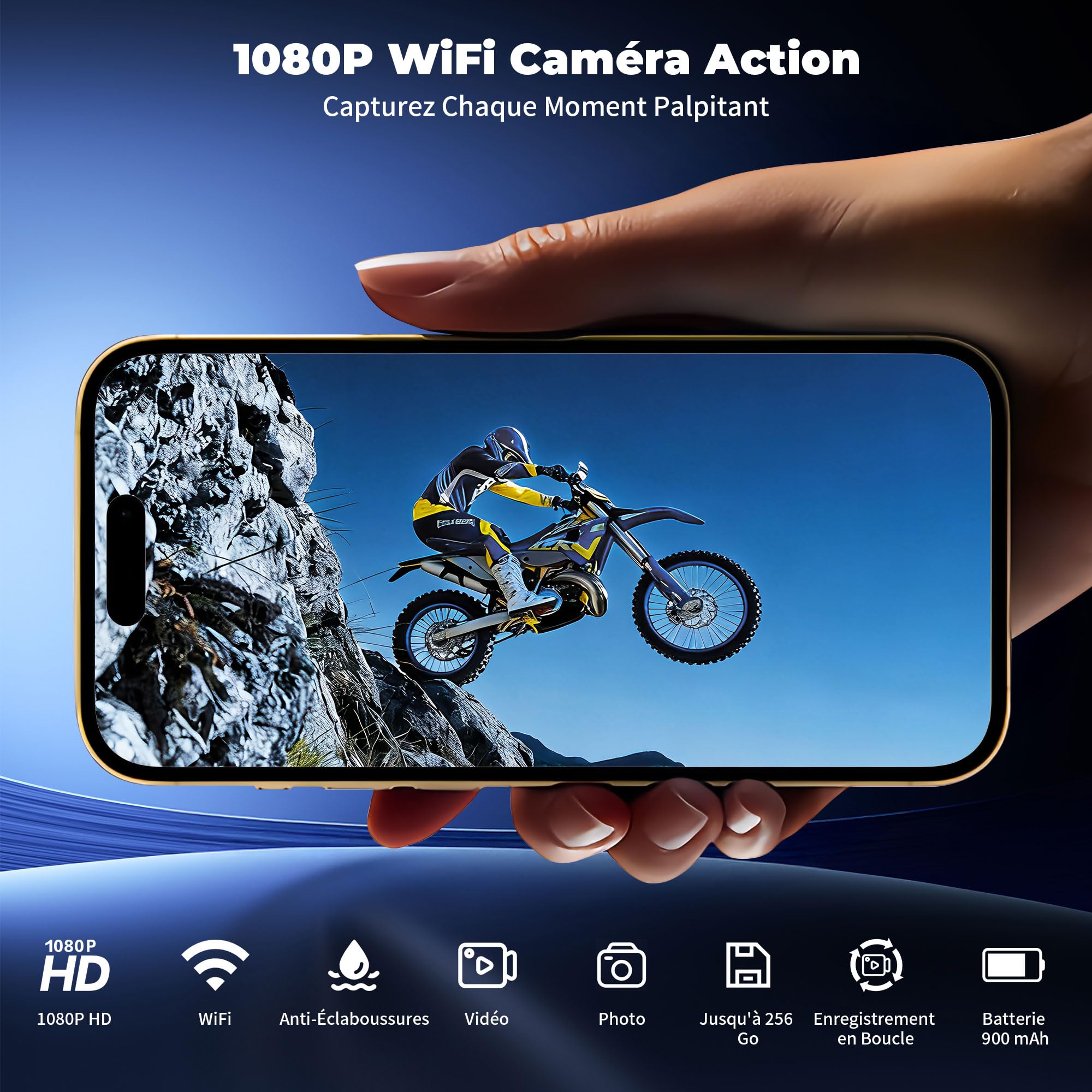 Caméra Sport 1080P WiFi, Camera de Sport, Dashcam Moto
