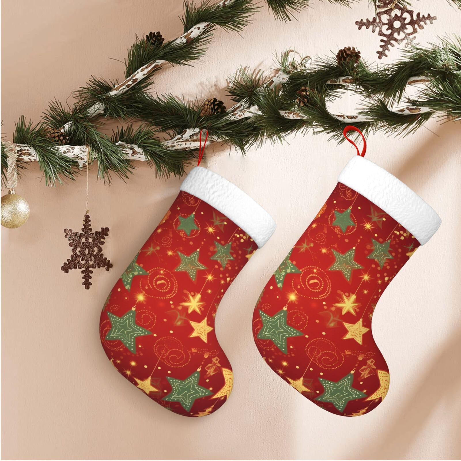 17.7" Christmas Stocking 1 Piece, Christmas Star Xmas Stockings with White Plush Cuff Fireplace Hanging Stocking for Christmas Holiday Party Decoration