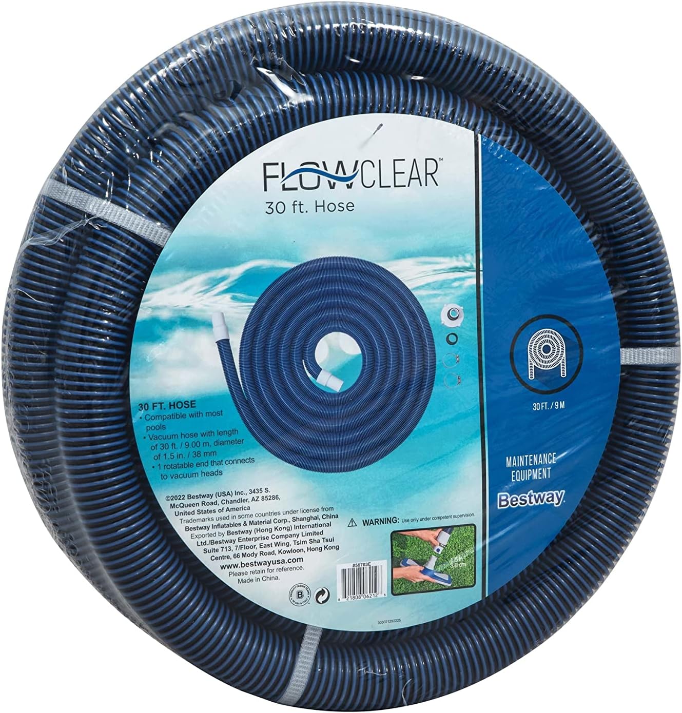 Bestway Flowclear Pool Cleaning Vacuum Hose 30 Feet | Compatible with Most Swimming Pools | Includes Adapter and Hose Clamps