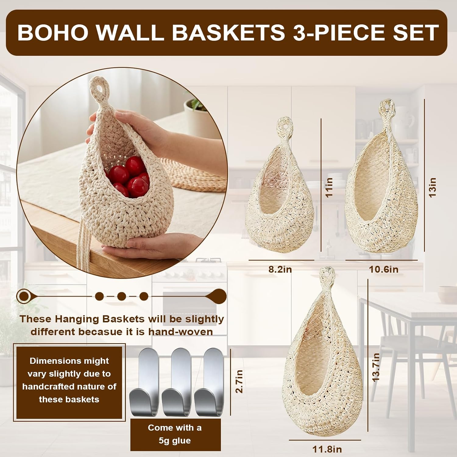 Hanging Flower Baskets for Kitchen - 3 Pack Boho Wall Hanging Basket with 3 Pcs Strong Hooks, Handwoven Flower Storage Teardrop Home Object Basket for Tool,Toys, Potted plant Home Storage (White)