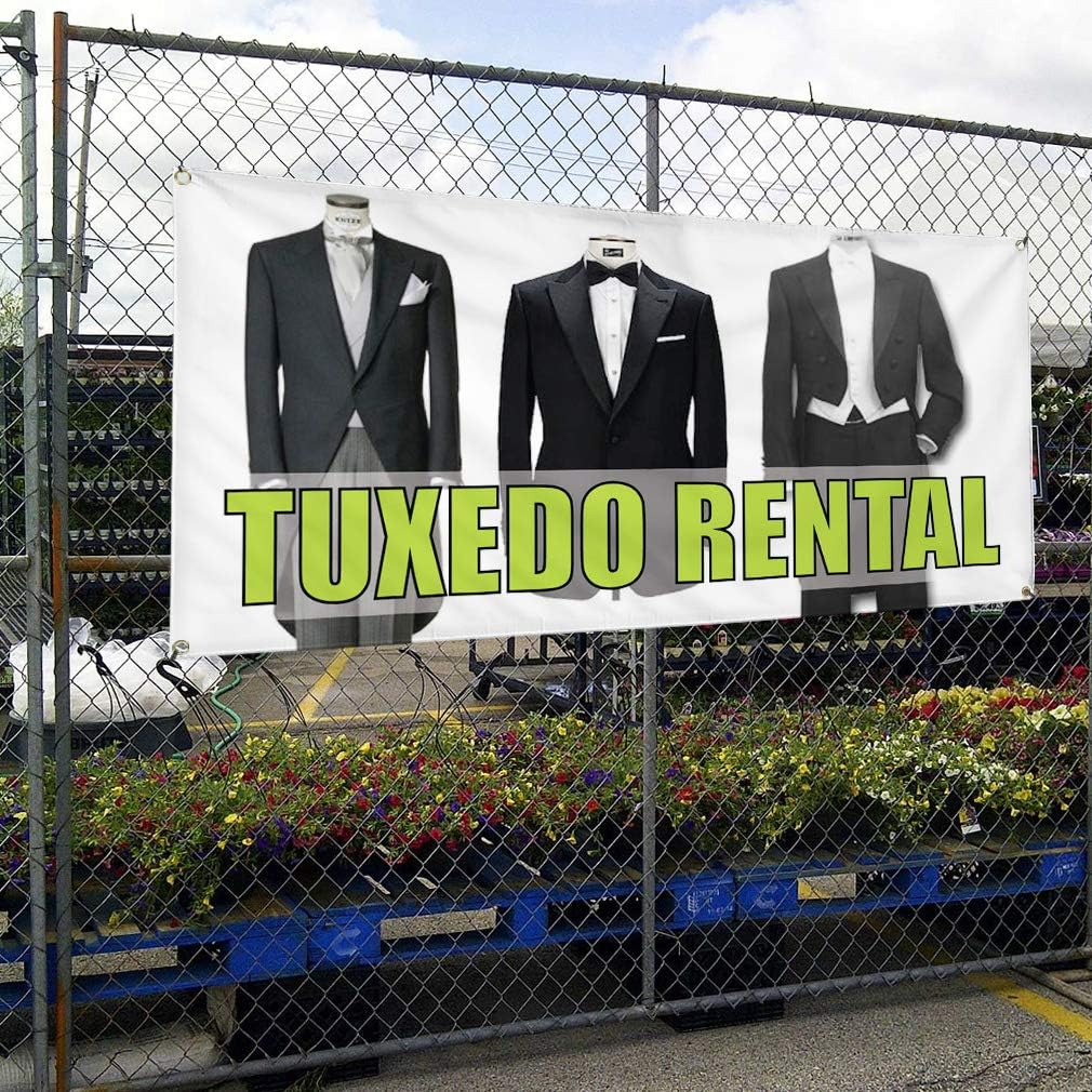 Vinyl Banner Multiple Sizes Tuxedo Rental Outdoor Advertising Printing Business Outdoor Weatherproof Industrial Yard Signs White 6 Grommets 36x72Inches