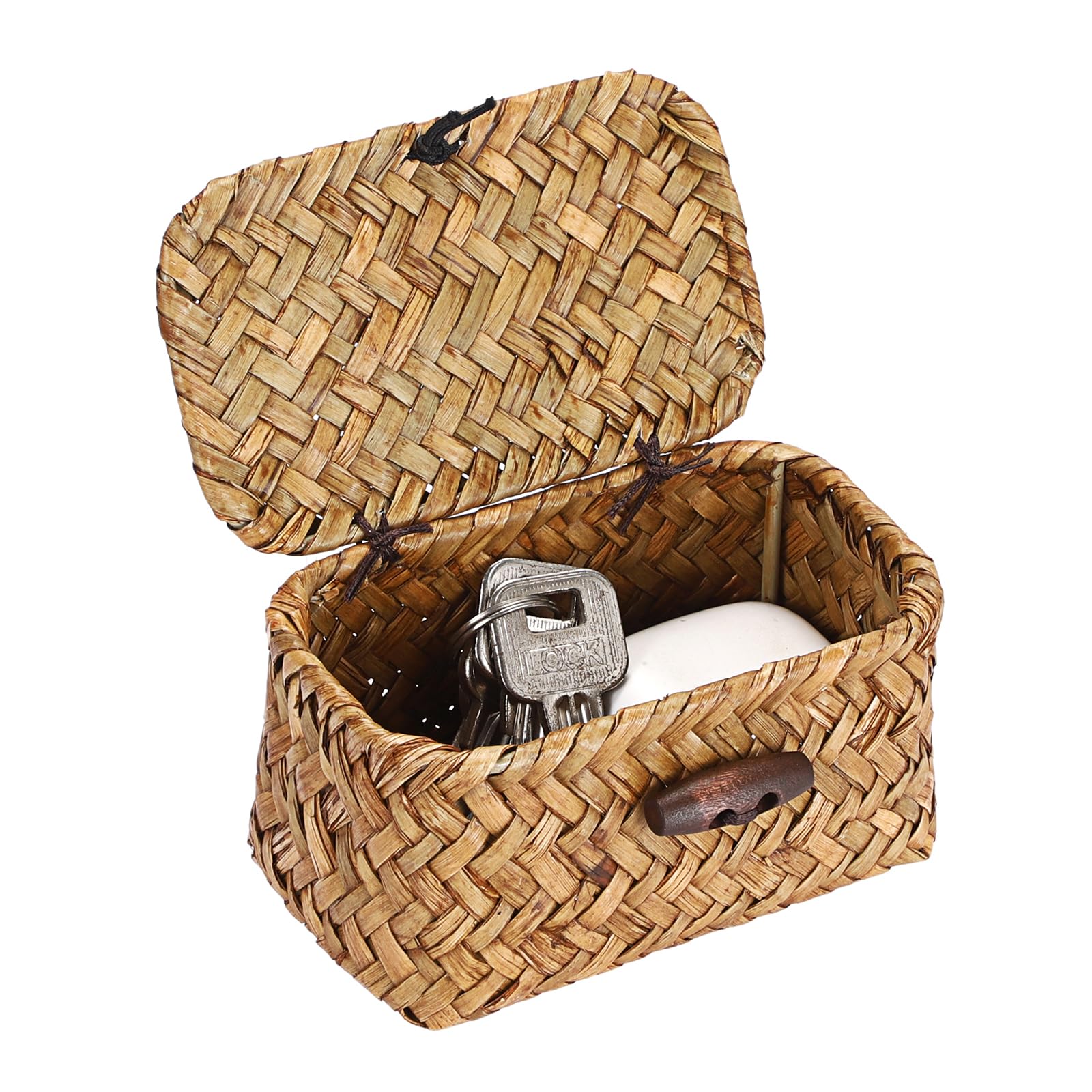 IGNPION Mini Seagrass Desk Storage Basket with Lid, Wicker Keys Storage Basket, Farmhouse Decorative Shelf Box, Multipurpose Storage for Craft, Paper Clip, Hair Ties(Caramels, 11x6.5x5cm)