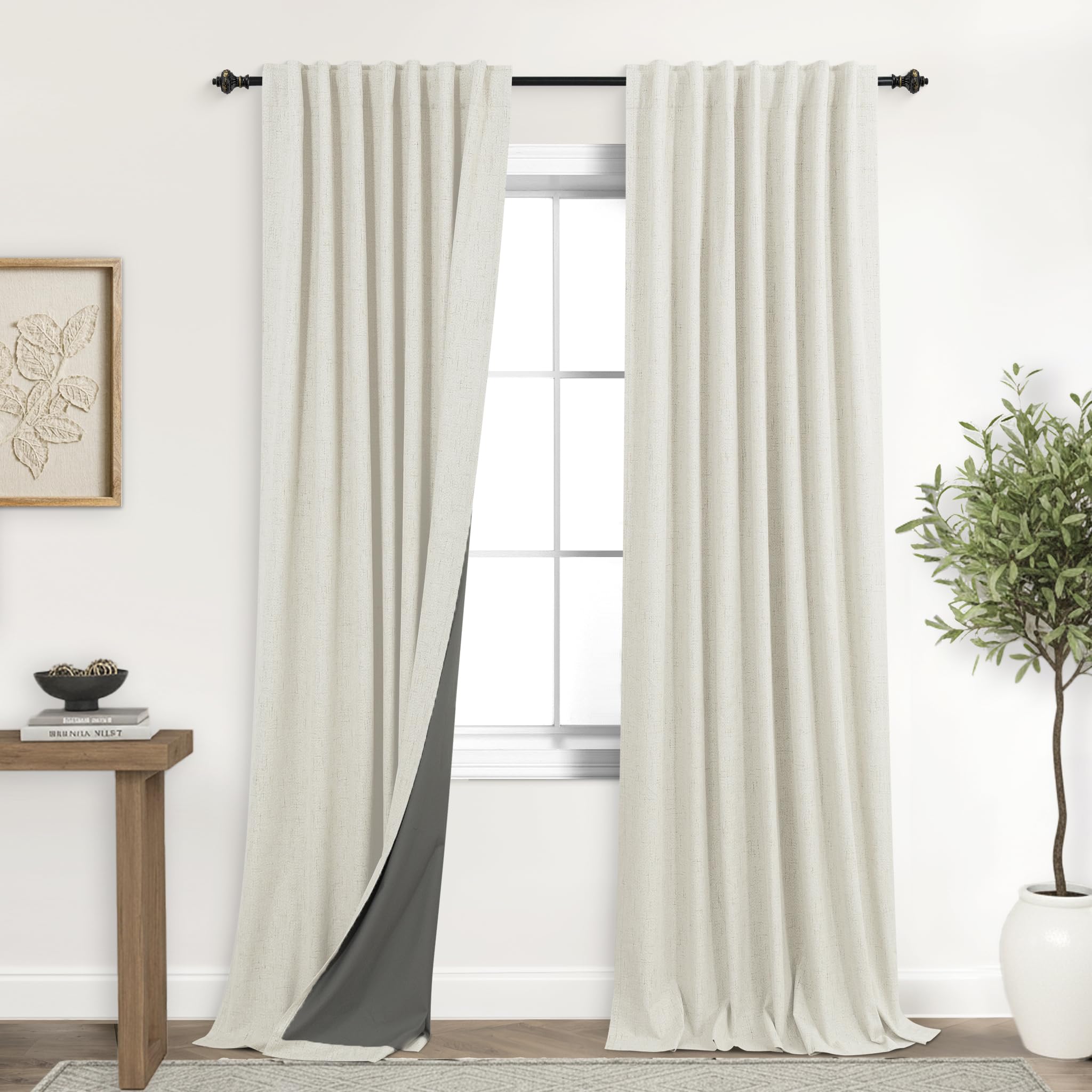 KOUFALL Cream Linen Blackout Curtains for Bedroom Black Out Curtain 84 Inches Long,Farmhouse Rustic Thermal Curtains for Winter Insulated Living Room — image 1