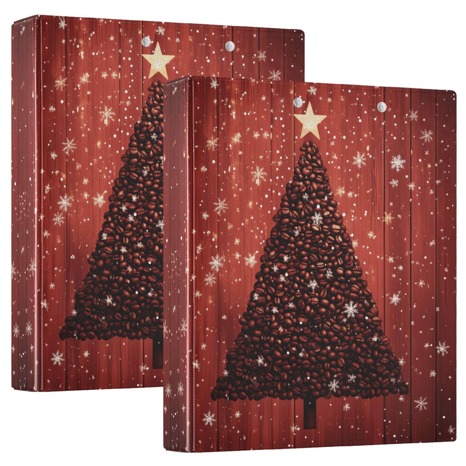 Confezione da 2 raccoglitori a 3 anelli, motivo albero di caffè natalizio, 3,8 cm, con 3 tasche trasparenti, portablocco e contiene 200 fogli, per ufficio, scuola, organizzazione domestica