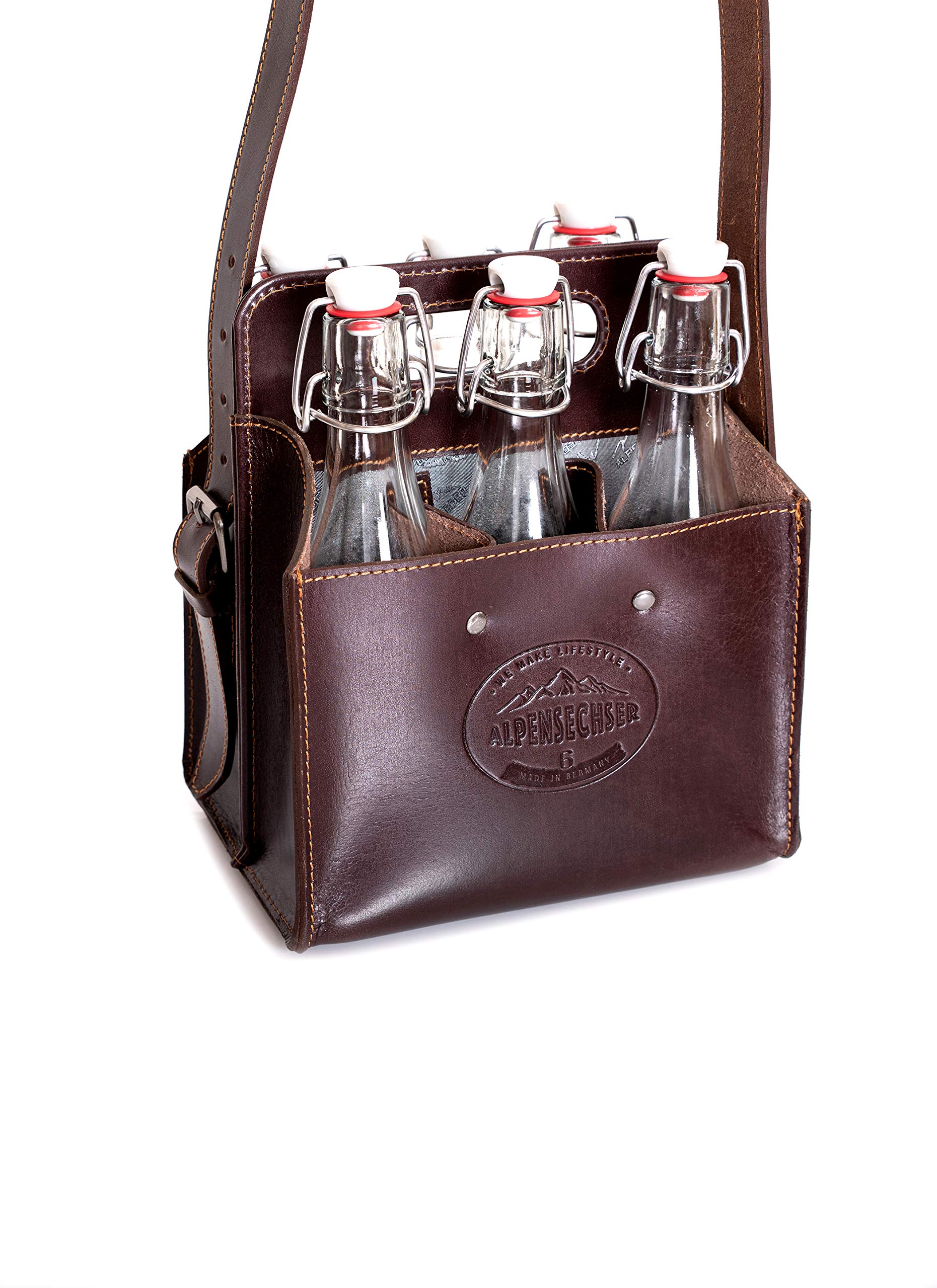 Alpenleder Flaschenträger - ALPENSECHSER (Handgefertigt) - Nachhaltiges Bio-Leder aus regionaler Landwirtschaft | Flaschentasche, Flaschenträger 6 Flaschen *Fair Produziert* (20x15x25cm, Wine)