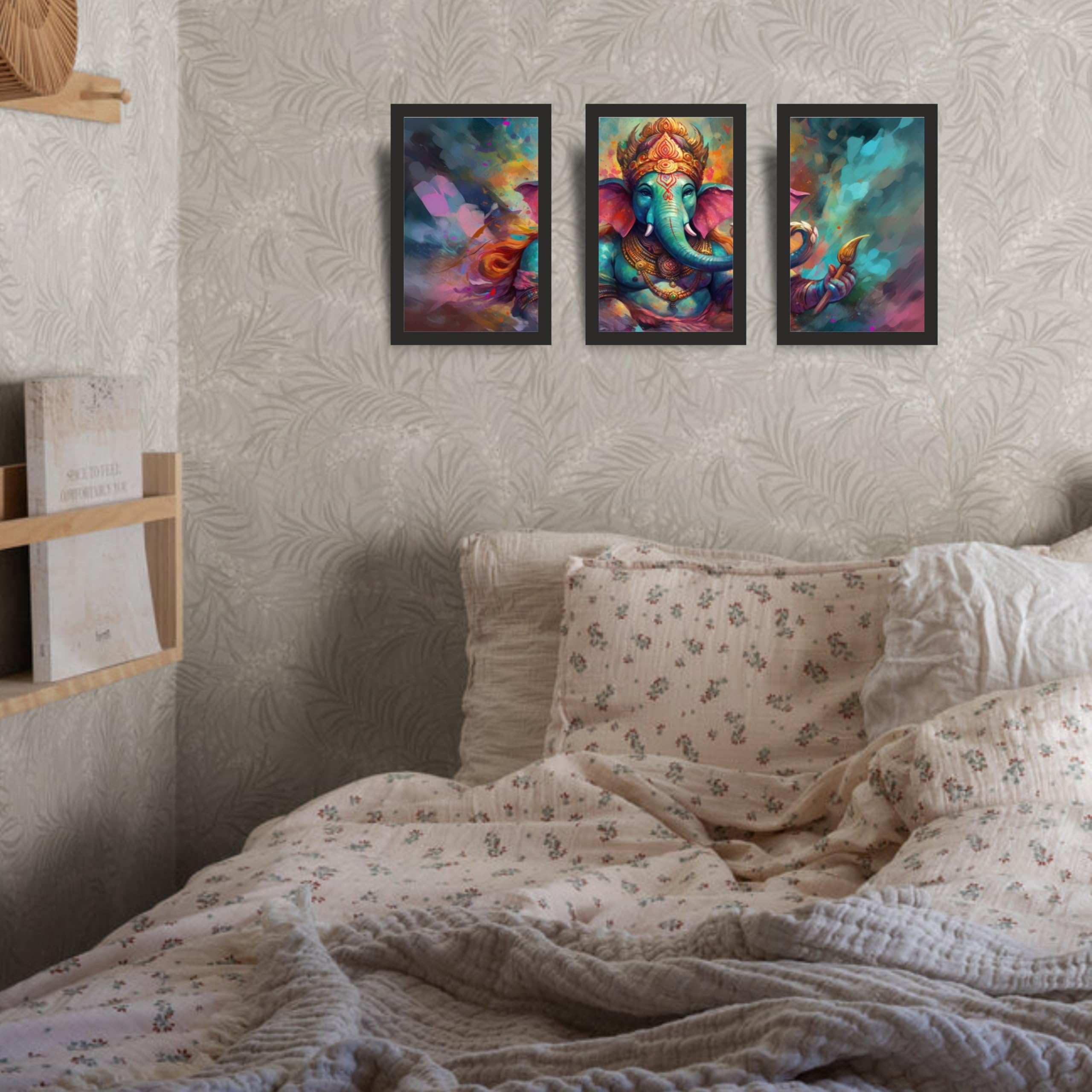 Lord Ganesh Digital Art Painting with Frame Set of 3
