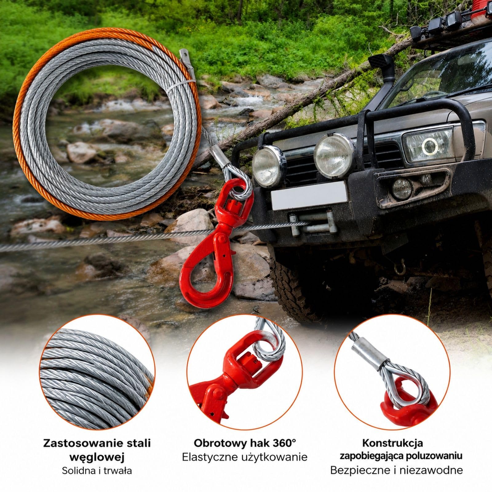 Lina wyciągarki ze stali węglowej z hakiem obrotowym i zatrzaskiem do auta, SUV, ATV oraz pojazdu terenowego