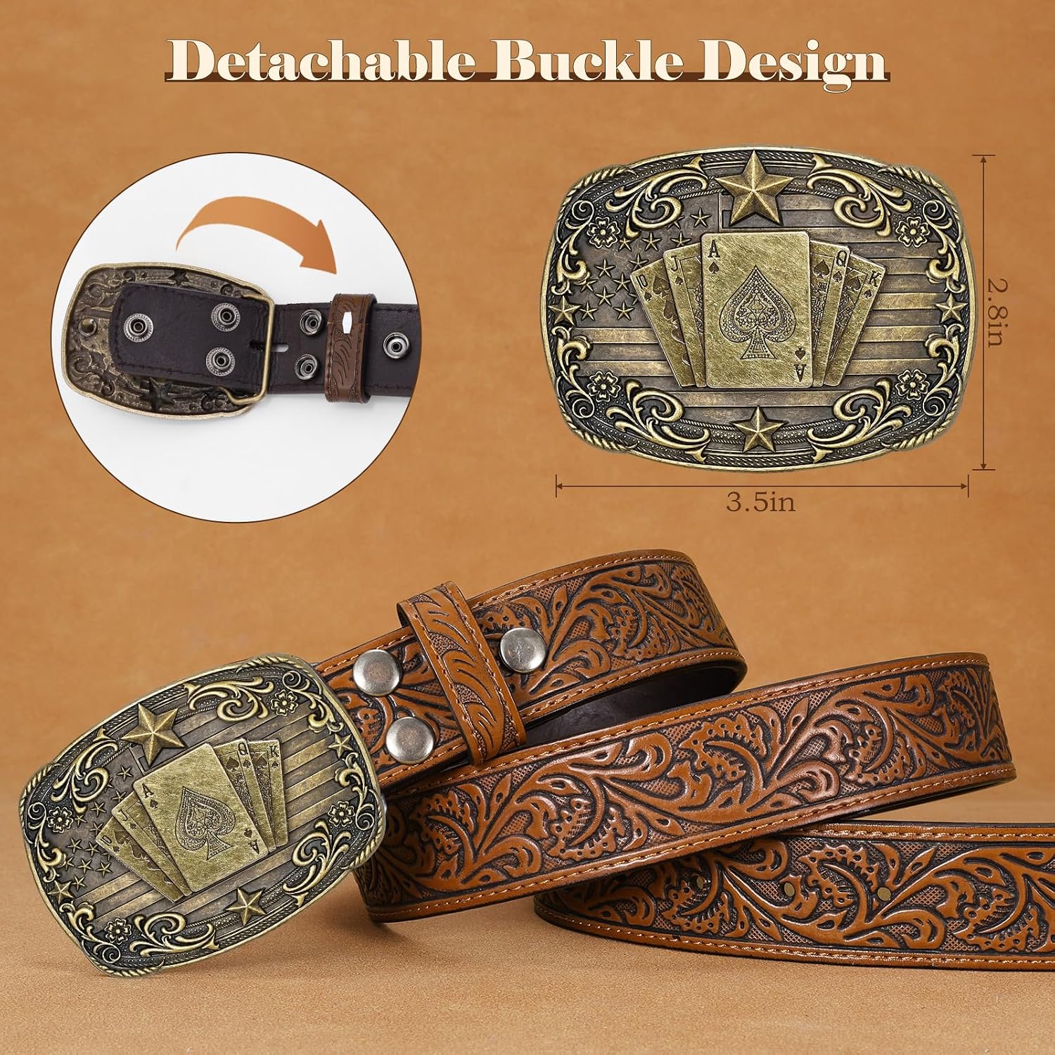 Western Cowboy Belts for Men Women Leather Belt with Poker Buckle for Jeans | Cowboy Western Cowgirl Belt with Poker Buckle for Western Style Outfits Rodeos Ranch Country Parties Festivals and Daily Wear
