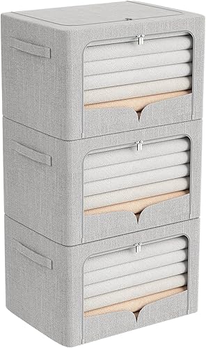 Paquete de 3 contenedores de almacenamiento de ropa plegables con marco de metal, juego organizador de tela de lino apilable extra grande con asas