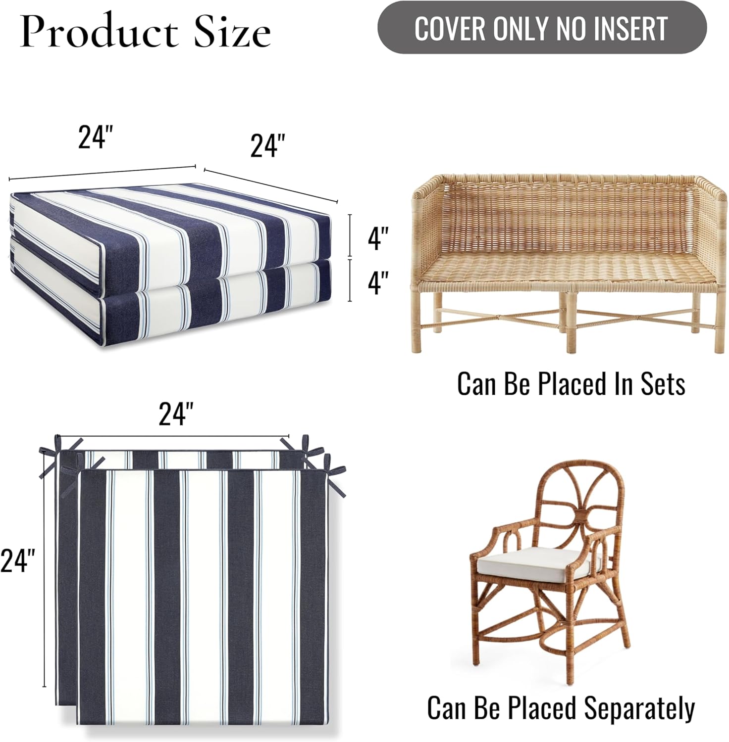 Hofdeco Premium Coastal Hampton Patio Outdoor Seat Cushion Cover Only Set of 2, 24"x24"x4" Water Repellent, UV and Fade Resistant for Backyard, Couch, Poolside, Indigo Azure Blue Woven Harbor Stripes