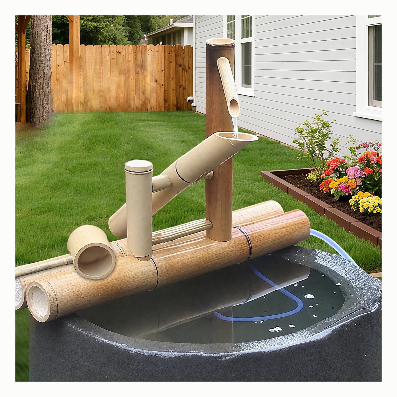 JTWWDM Natural Bamboo Water Fountain Set with Pump & Ladle, Cohesive Bamboo Zen Water Feature Kit, Traditional Handcrafted Bamboo Waterscape Decor