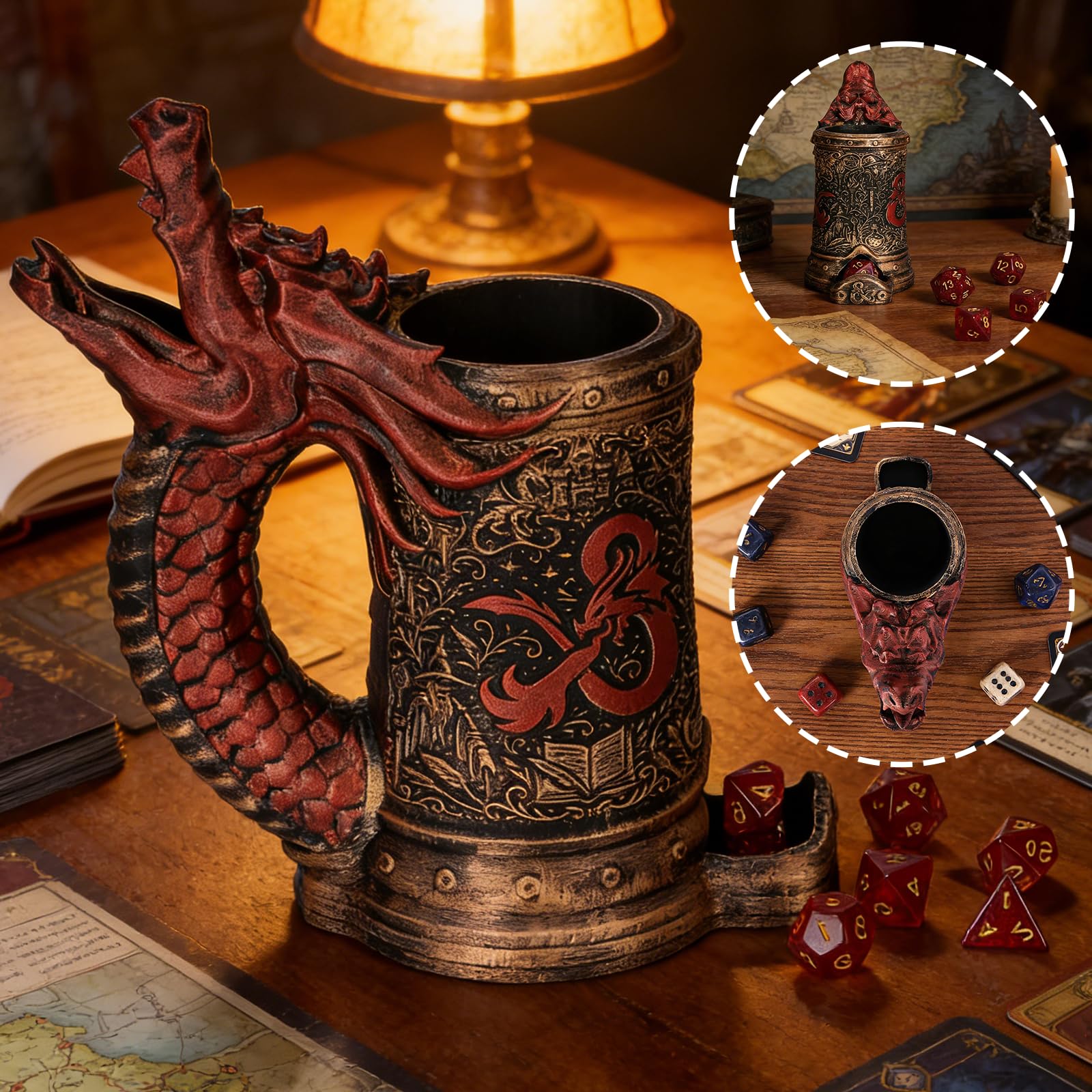 Dice Tower Tazza DND Dice Rolling Tower con 7 dadi Set | Red Dragon Dice Tower adatto per Dungeons and Dragons, giochi da tavolo, disponibile come portabevande, regali RPG.