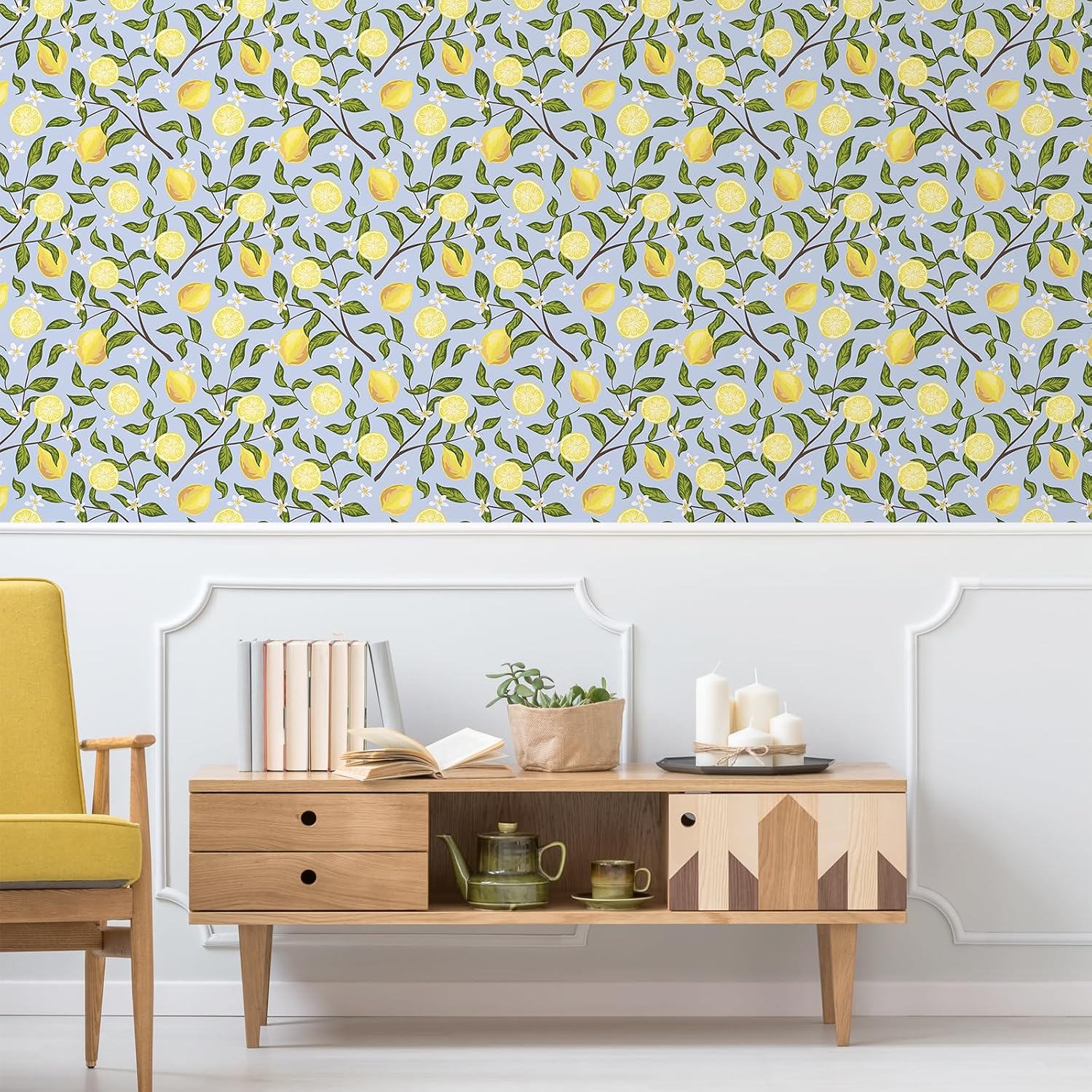 VEELIKE Lemon Wallpaper Stick and Peel Vintage Lemon Branches Fruit Wallpaper for Kitchen Bedroom Bathroom 17.7''x118'' Removable Self Adhesive Lemon Drop Contact Paper for Cabinets Drawers Walls