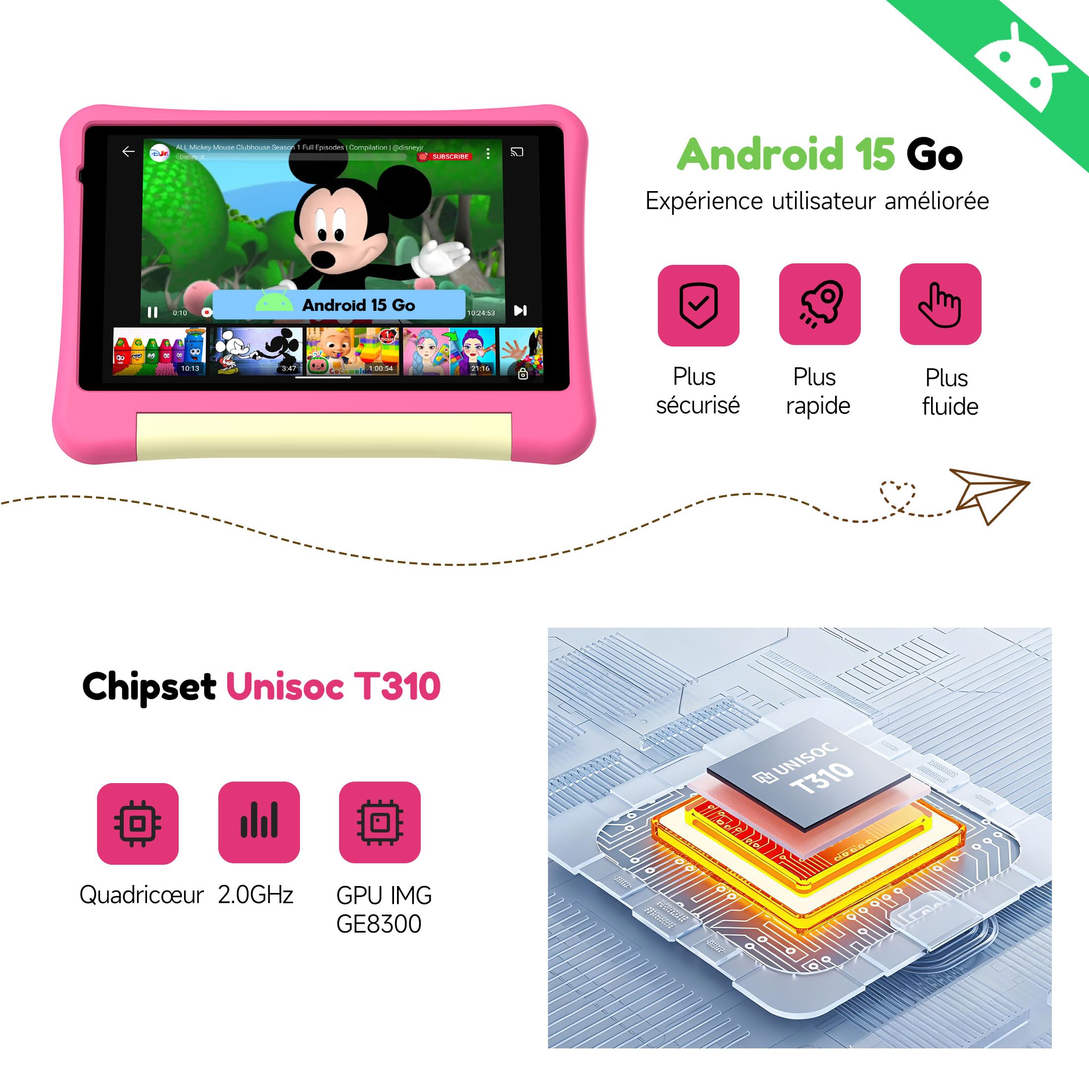 Tablette Enfants 8 Pouces,Avec Contrôle Parental et Coque Antichocs Rose | Tablette Android 15 Éducative pour Enfant de 3 à 12 ans,Avec “iWAWA",5000mAh,32GB ROM,512GB TF,Compatible YouTube Kids