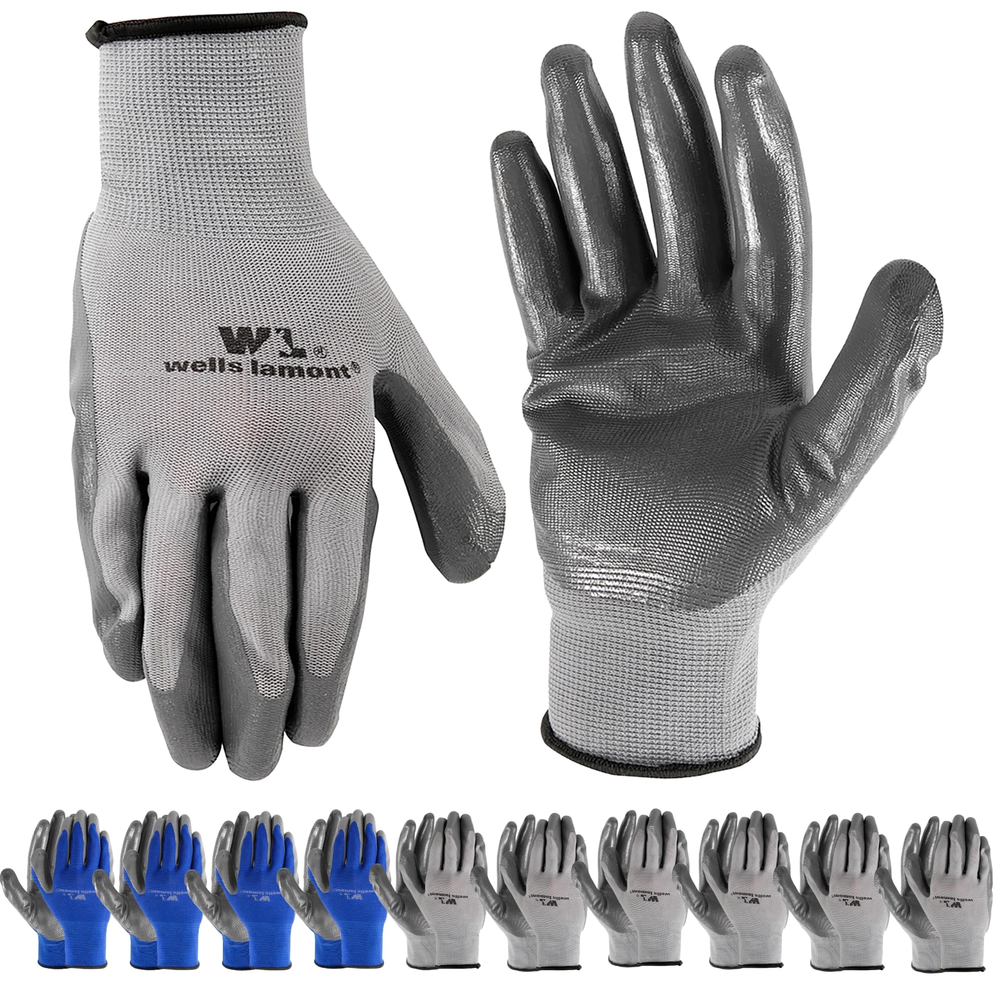 Wells Lamont 10 pares de guantes de trabajo de nitrilo ligeros, resistentes a la abrasión, color azul y gris, talla L, 580 LU