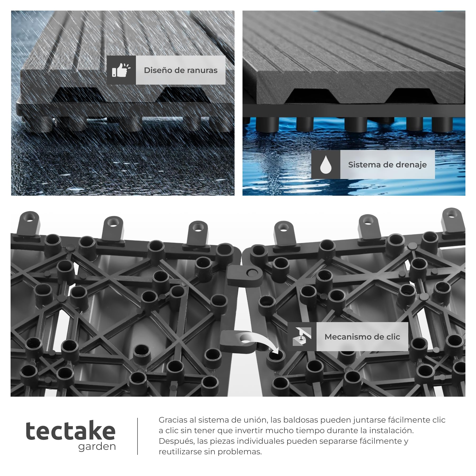 tectake® Set Baldosas Jardín Exterior con 4 Tablones, 31 x 31 cm, Suelo Terraza Exterior Resistente, Suelo para Jardín con Base de Rejilla y Drenaje, área de 1,0571 m2 - Juego de 22 Gris — view 5