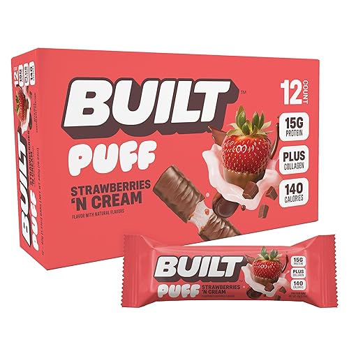 Built Bar, Puff Protein Bars, Strawberries 'N Cream Puff, 15g Protein Snacks, On-The-Go Bars, Only 140 Calories, 8g Sugar, Collagen, Gluten Free, 12 Count - Strawberries 'N Cream Puff