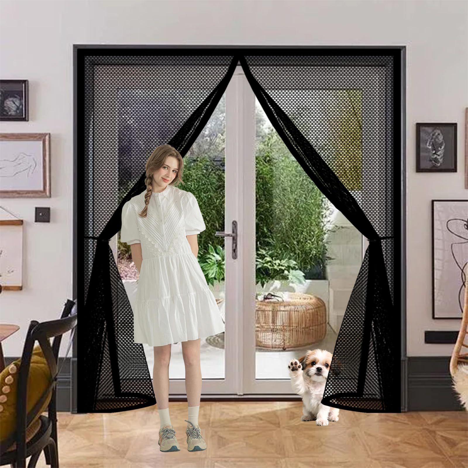 Magnetic Fly Screen 165 x 210 cm Keep Bugs Out, Full Frame Magic Tape, Powerful Magnets, Self Sealing, No Drill Installation, Screen Door Fly for Balcony Bedroom Doors, Black