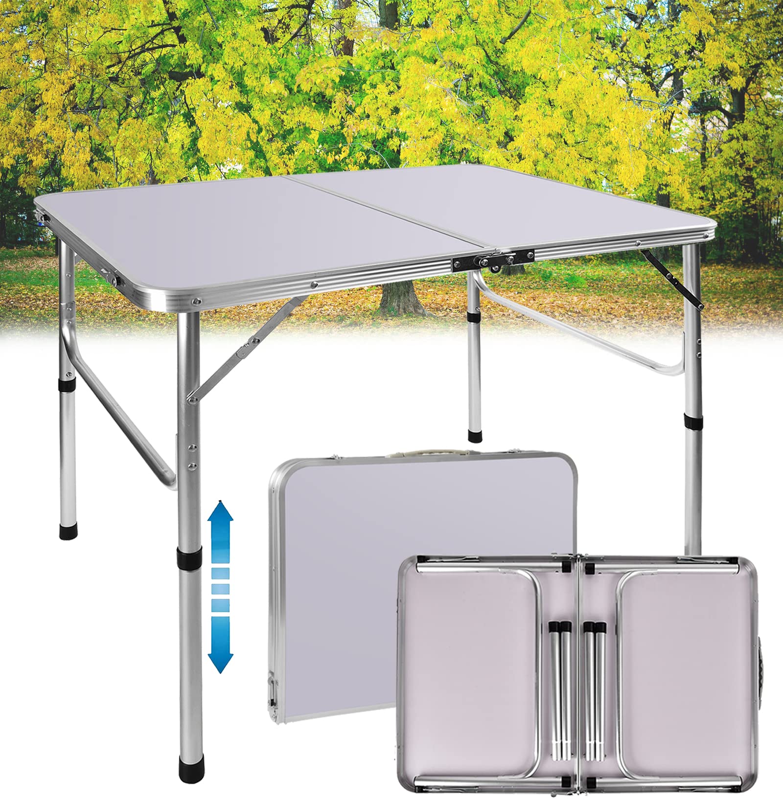 Picnic Tables Folding 3FT Camping Tables with Carry Handle, Lightweight Aluminum Adjustable Height Outdoor Garden Party Buffet Wedding Folding Table for Eating, Foldaway Portable Table (90x60x37/67cm)