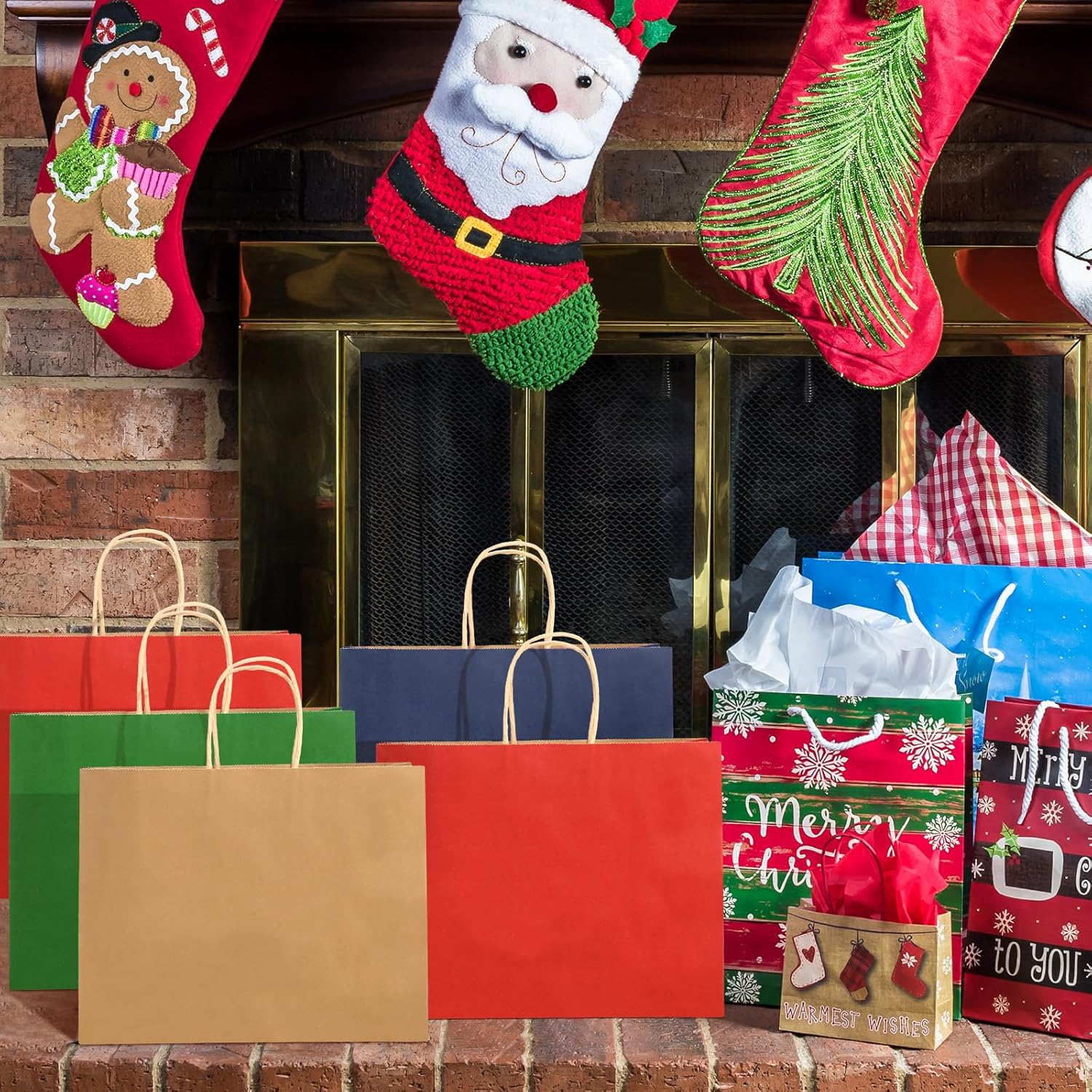 Cholemy 24 Pcs Kraft Paper Gift Bags with Handles Bulk, 12.6 x 4.33 x 9.84 Inch Large Christmas Bags Red Blue Green and Brown, Holiday Gift Wrap Bags for Xmas Birthday Party Supplies