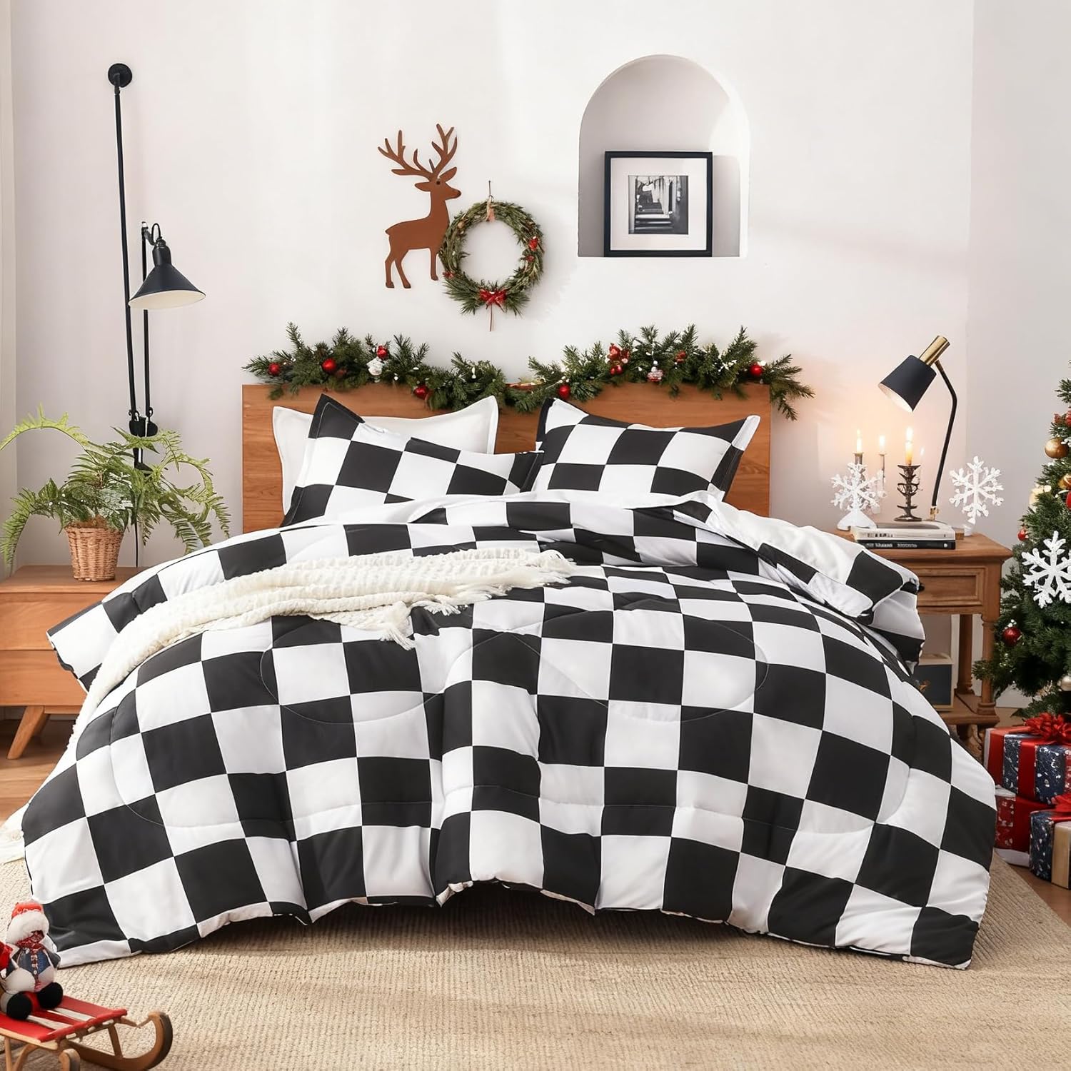 Andency Checkered Comforter Queen(90x90Inch), Black White Plaid Gingham Bed Set for Teen Boys Kids, Lightweight Microfiber Geometric Preppy Bedding, 3 Pieces