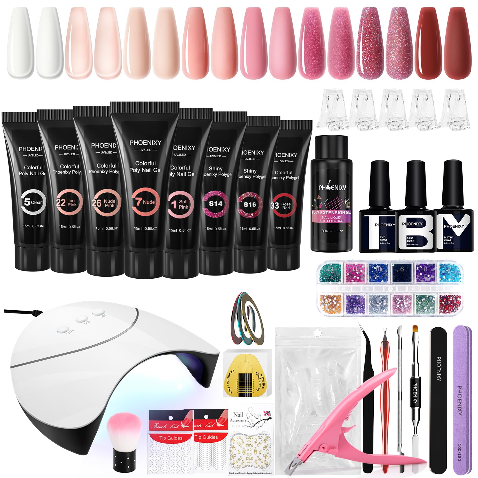 Phoenixy Poly Nail Gel Extensions Kit, 8 Colours Poly Builder Gel Nail Kit with 36W U V/LED Lamp Extension Gift Set for Nail Art Lovers