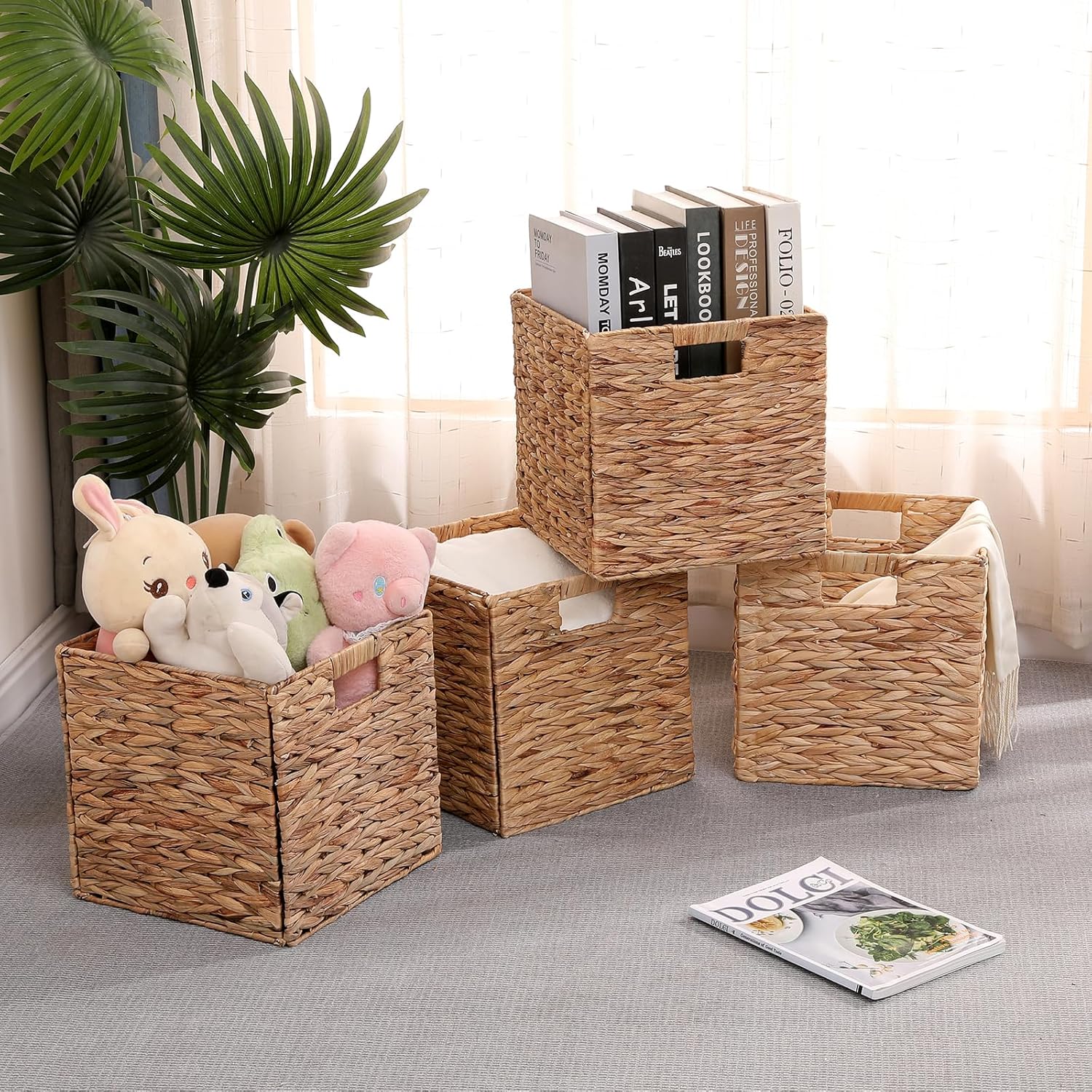 11x11in Storage Baskets Set of 4 Water Hyacinth Baskets,Foldable Wicker Storage Cubes, Baskets for Bathroom, Bedroom, Laundry, Pantry, Shelves