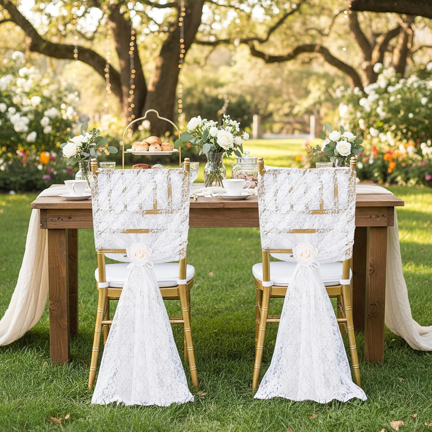 QueenDream White Lace Chair Sashes Wedding: 32 Pieces Long Sheer Wedding Aisle Chair Decorations Vintage Embroidered Boho Rustic Chairs Covers for Party Banquet