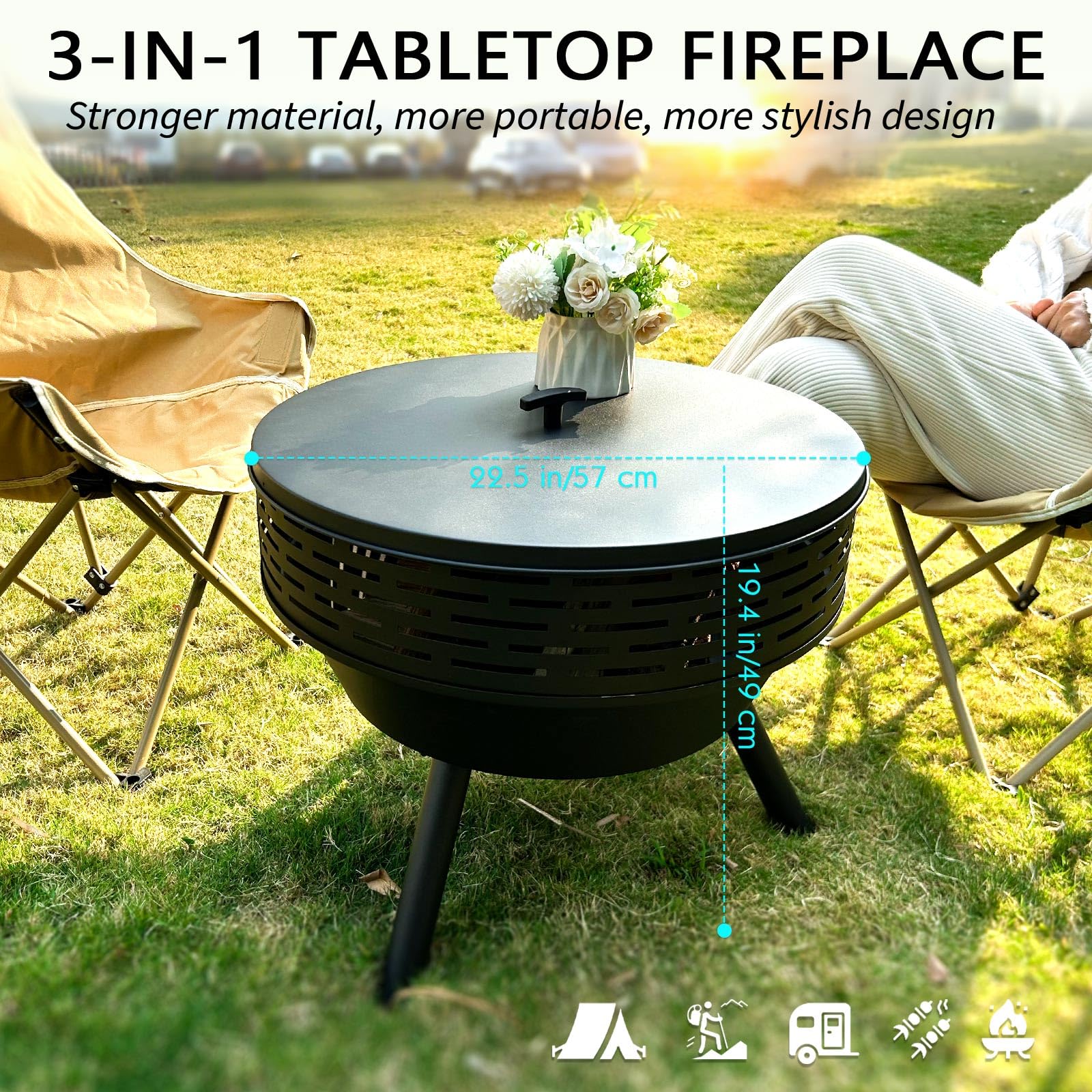 Braciere da 58,4 cm con griglia e coperchio, in ghisa resistente, braciere a legna per riunioni di falò, barbecue, tavolo, braciere per patio esterno, campeggio, cortile, picnic