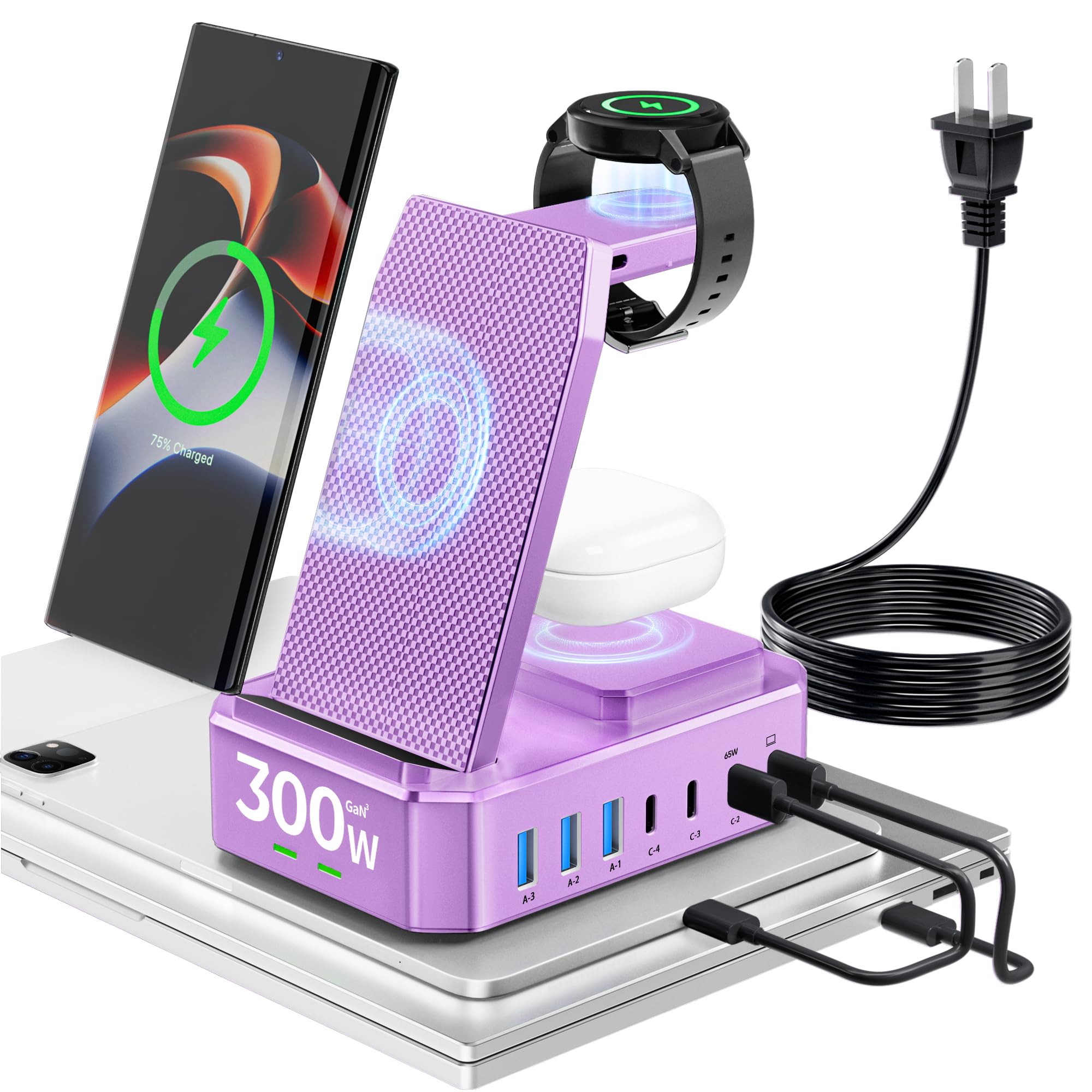 Photo 1 of 300W Wireless Charger for Samsung,Zutspzss 10 in 1 Wireless Charging Station, 65W USB C Fast Charging Stand for Samsung S25 Ultra/S24/S23/S22/Z Fold,Galaxy Watch Ultra7/6/5,Galaxy Buds,Purple