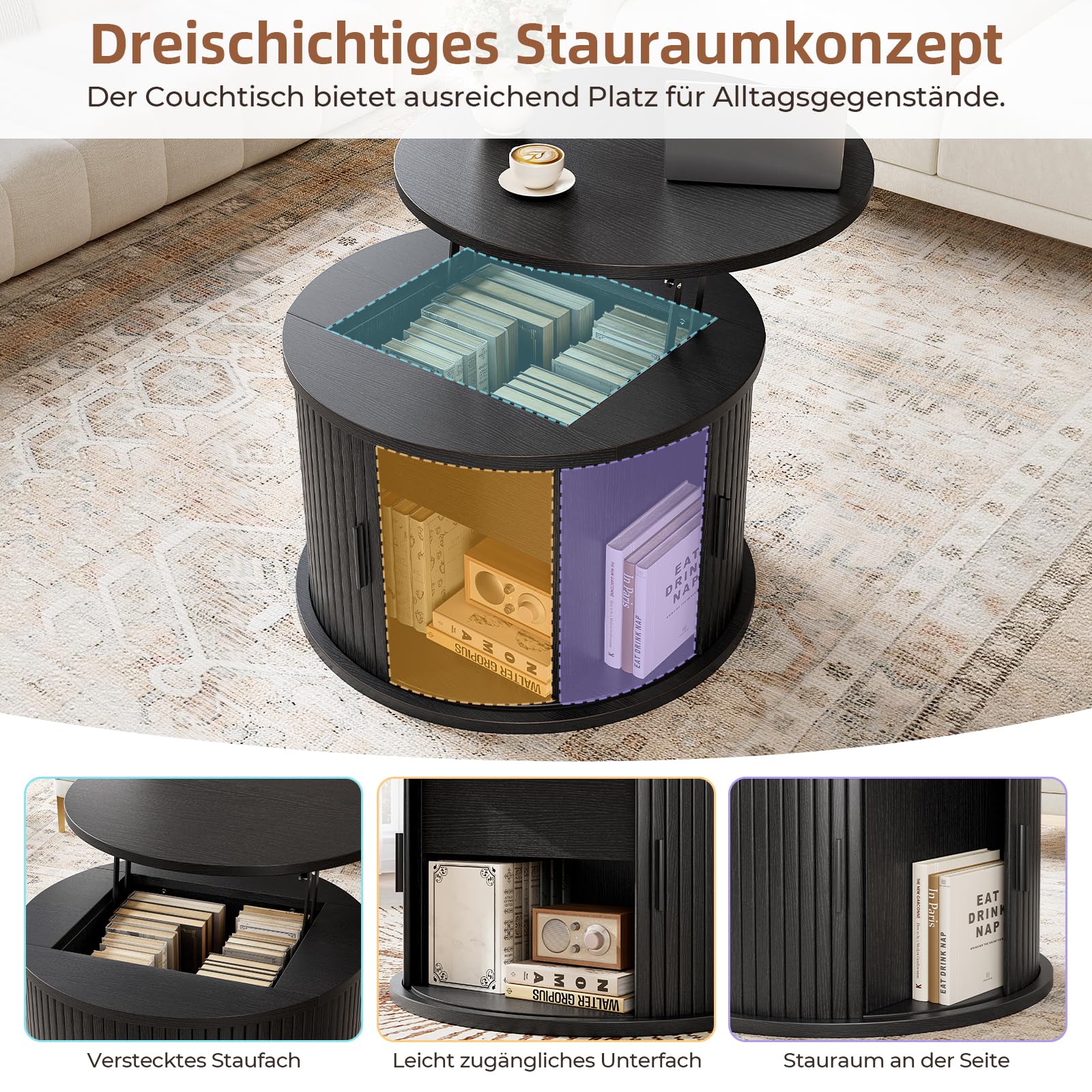60cm Rund Couchtisch, Höhenverstellbar Wohnzimmertisch mit Verstecktem Stauraum & Hebeplatte, Moderne Hölzerne Akzent Mitte Tisch, Kaffeetisch, Sofa Beistelltisch für Wohnzimmer, Schwarz