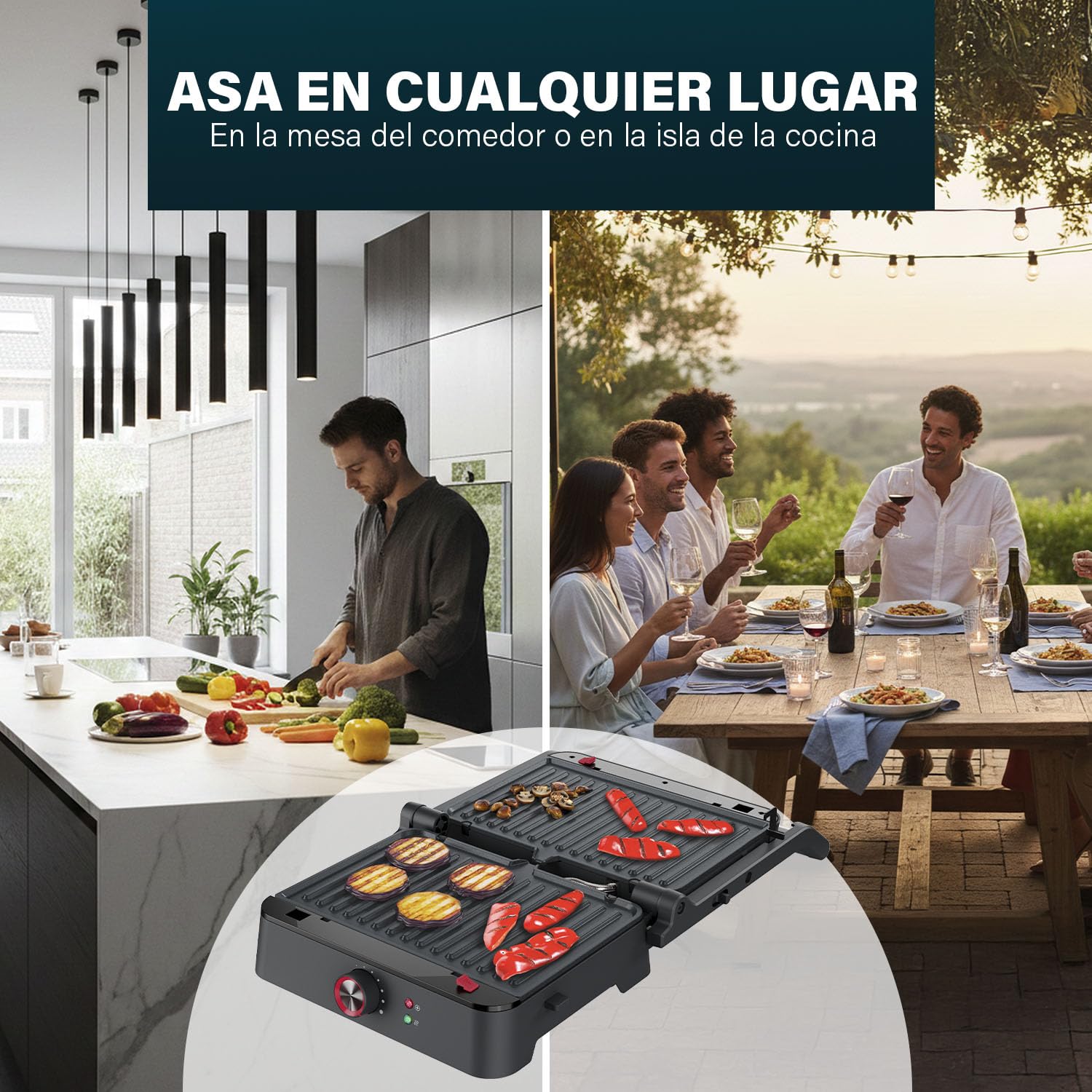 Princess Grill de Contacto, Apertura 180°, Placas Desmontables, Termostato Ajustable, Recogegrasas, Sin PFAS, 1500 W, Superficie 27,5 x 18 cm, Acero Inoxidable, 117502