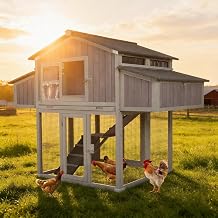 Large Chicken Coop for 6-8 Chickens, Double Folding Wooden Chicken House with 2 Nesting Boxes, Reinforced Iron Frame, Pull-Out Tray & Waterproof Roof, Outdoor Poultry Cage