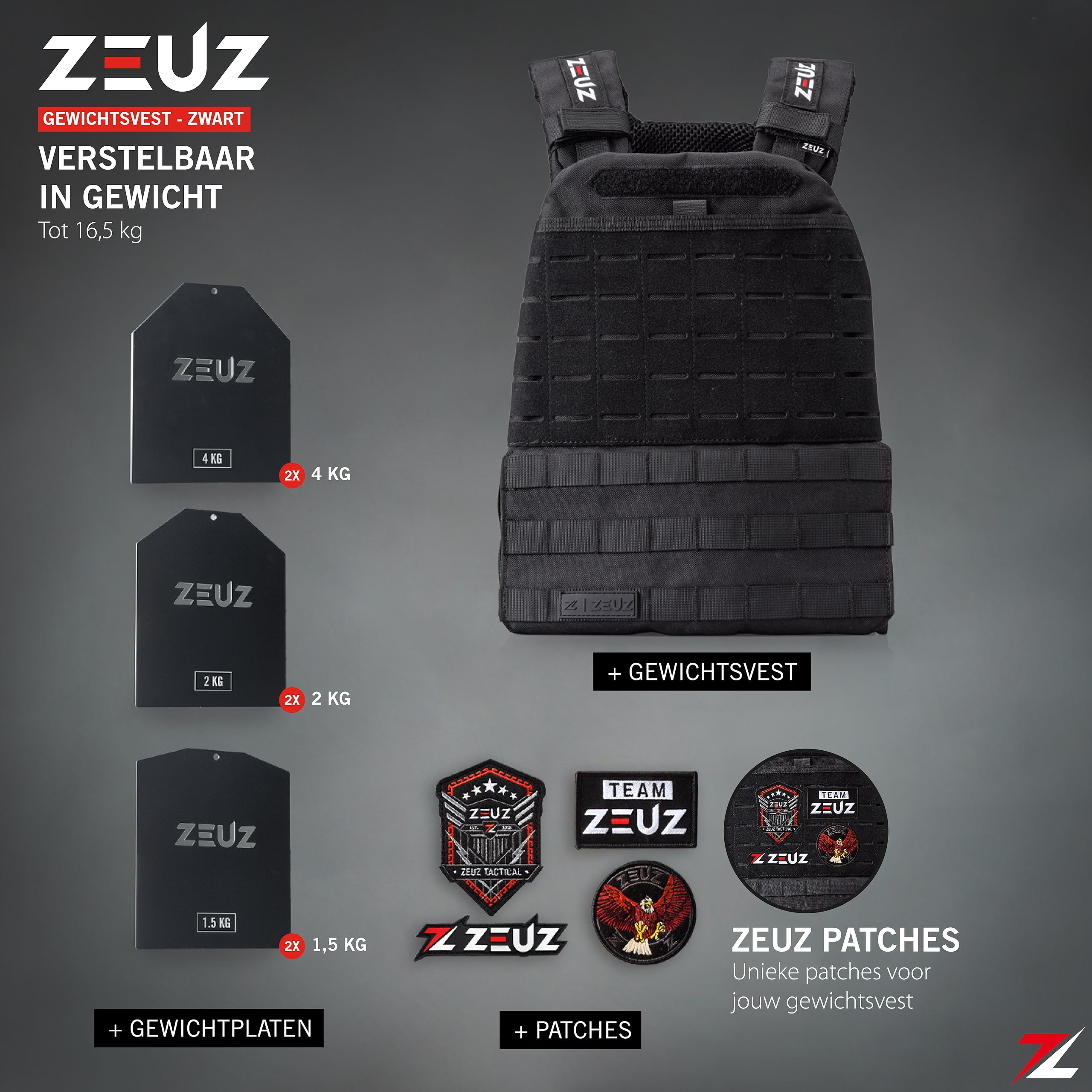 ZEUZ® Crossfit & Fitness Gilet Peso 16,5 KG – Gilet Tactical & Gilet Allenamento - Regolabile in Pesi - 19 Stand - Nero