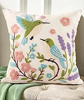 Kokaaee Embroidered Spring Pillow Cover 18x18 - Flowers Birds Farmhouse Throw Pillow Case Hidden Zipper for Couch Sofa