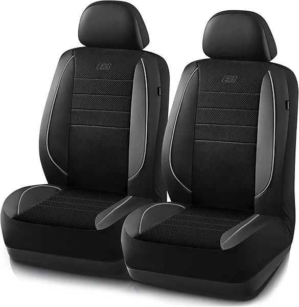 Skechers Air-Cooled Memory Foam Seat Covers,Mesh Thick Car Seat Covers,Piping Leather Car Seat Covers Front Seats,Airbag Compatible,Automotive ComfortUniversal Fit Most Cars,Vans,Truck,SUV,Gray
