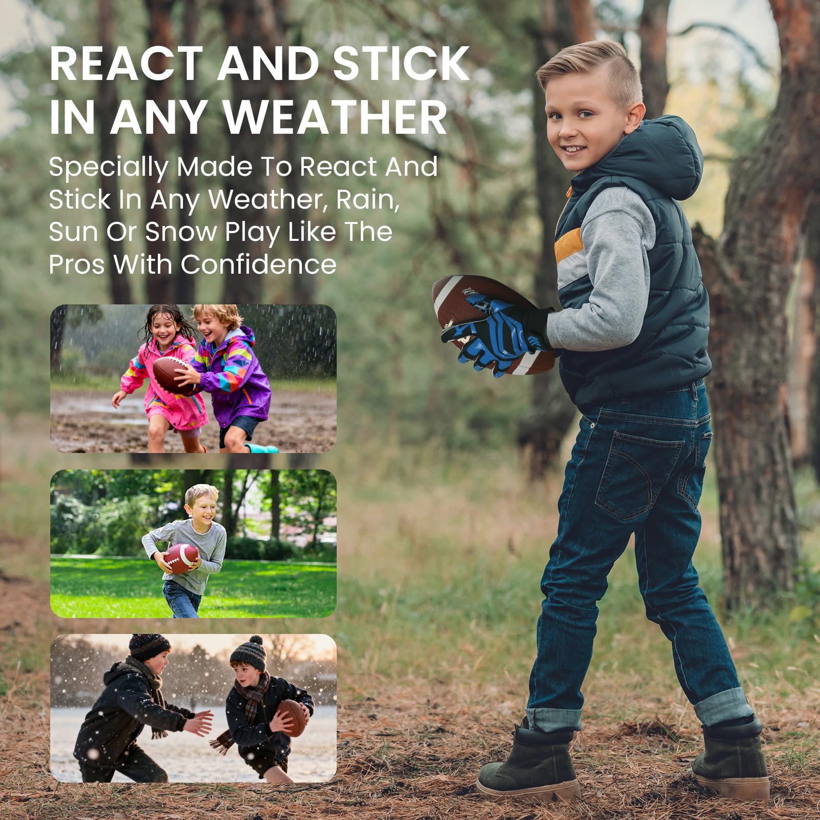 FINGER TEN Football Receiver Gloves Youth Receiving Gloves Pro 3.0 Durable Breathable Flexible for Kids Boys Girls in White Red Black Blue Small Large Medium X-Large (B-Blue, Medium)