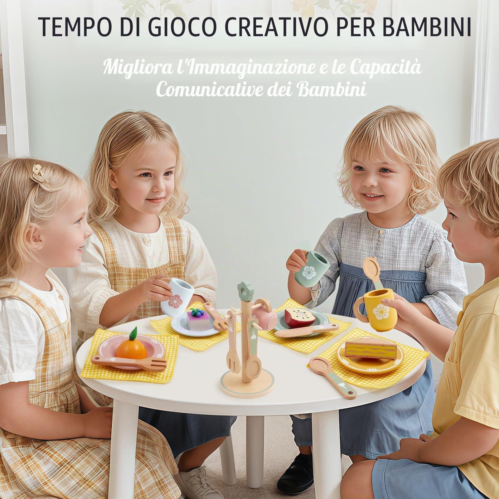 Atoylink Accessori da Cucina per Bambini in Legno: Set Completo con Piatti, Tazze, Posate e Portapiatti - Giochi di Ruolo per Ragazze e Ragazzi 3-8 Anni