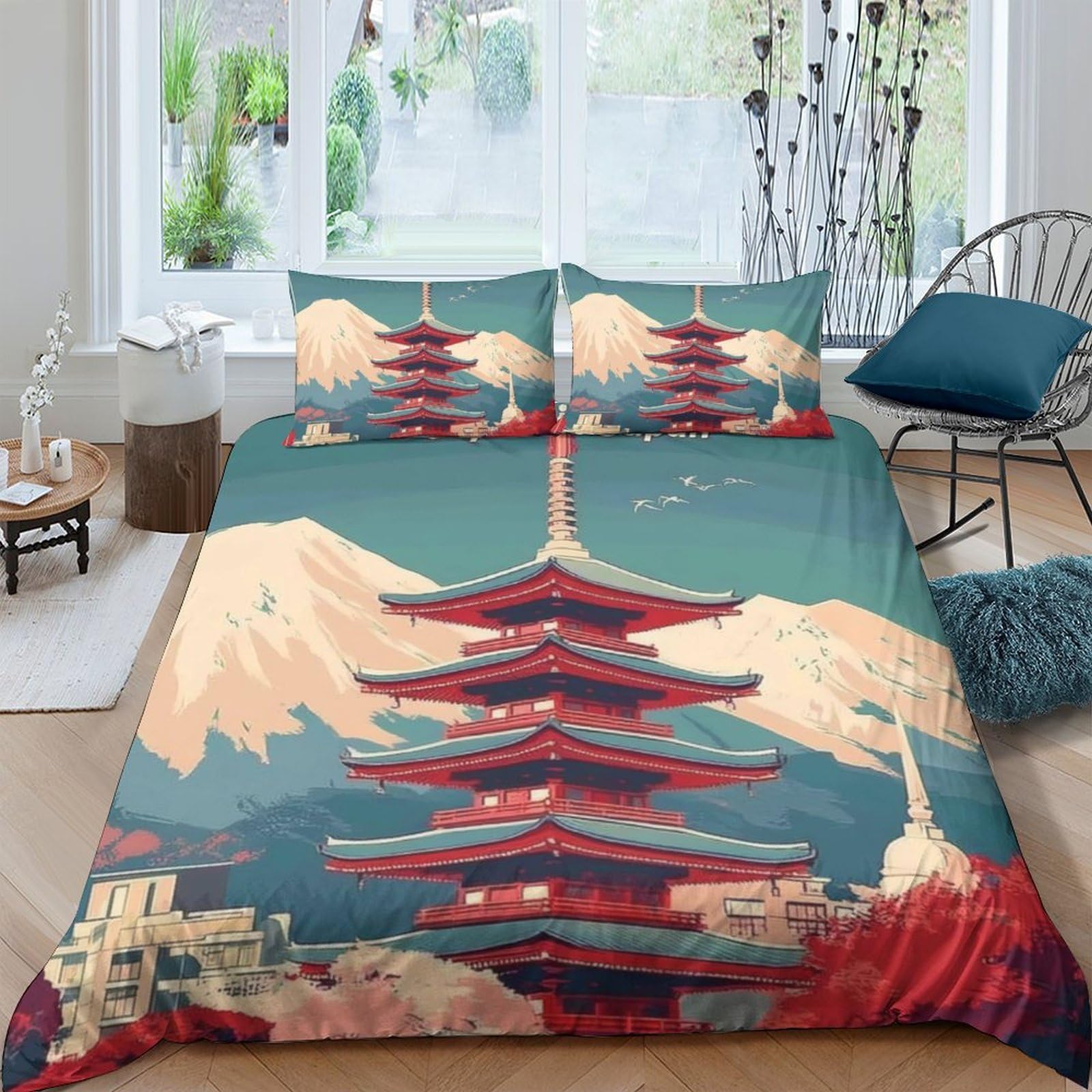 Ctjqhvkz Style-10 3D Printed Japanese Pagoda Fitted Sheet Microfiber Soft Breathable Mount Fuji Mattress Cover For Bedroom Guest Room Decor Single（135X200cm）