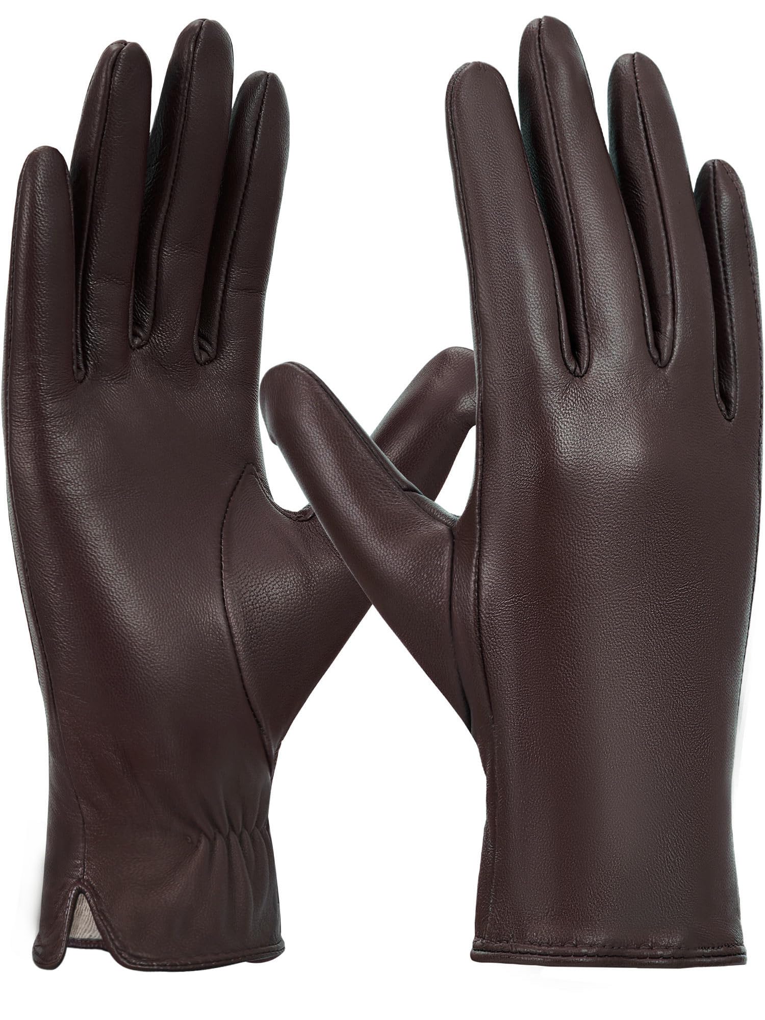 GSG SINCE 1998 Guantes Piel Mujer Marrón S | Piel de Oveja Sin Cromo, Compatibles con Pantalla Táctil, Forro Lana, Guantes de Invierno para Conducir