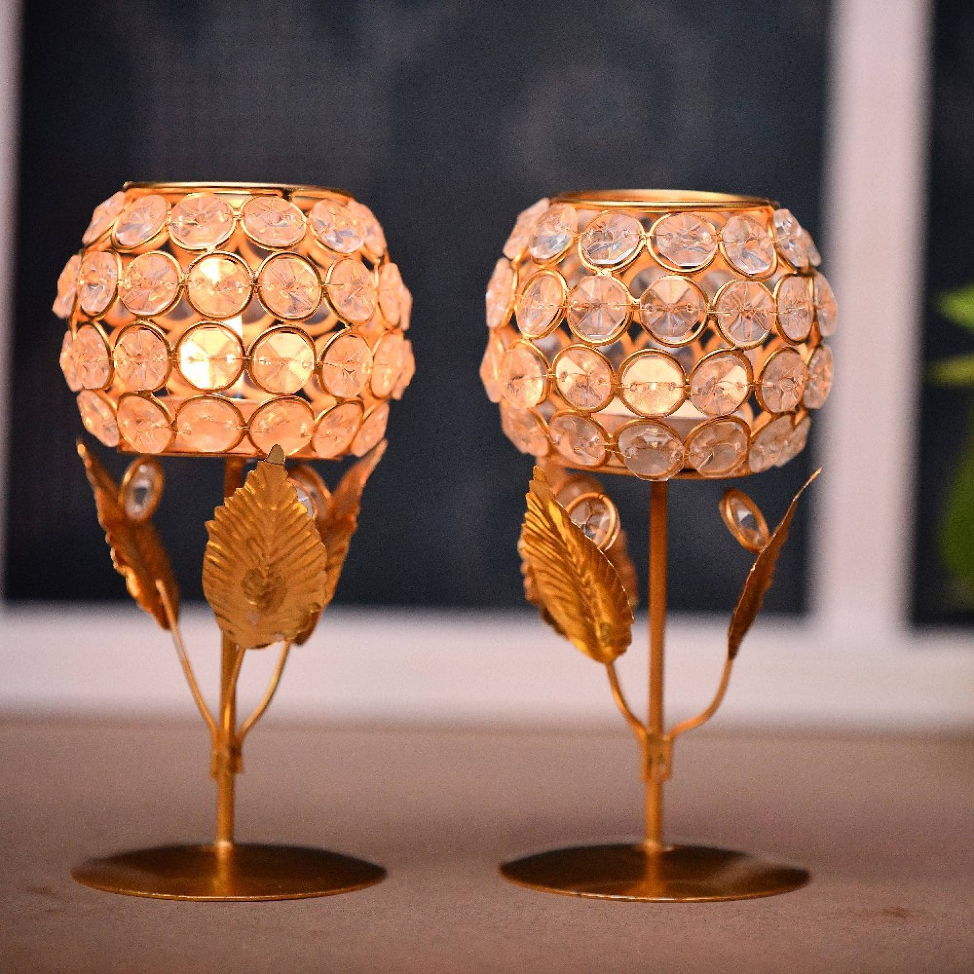 Fashion Bizz Metal & Crystal Gold Plated Tea Light Candle Holder Stand Votive Pack of 2 (8.9 X 8.9 X 17.8) CM-picture-11