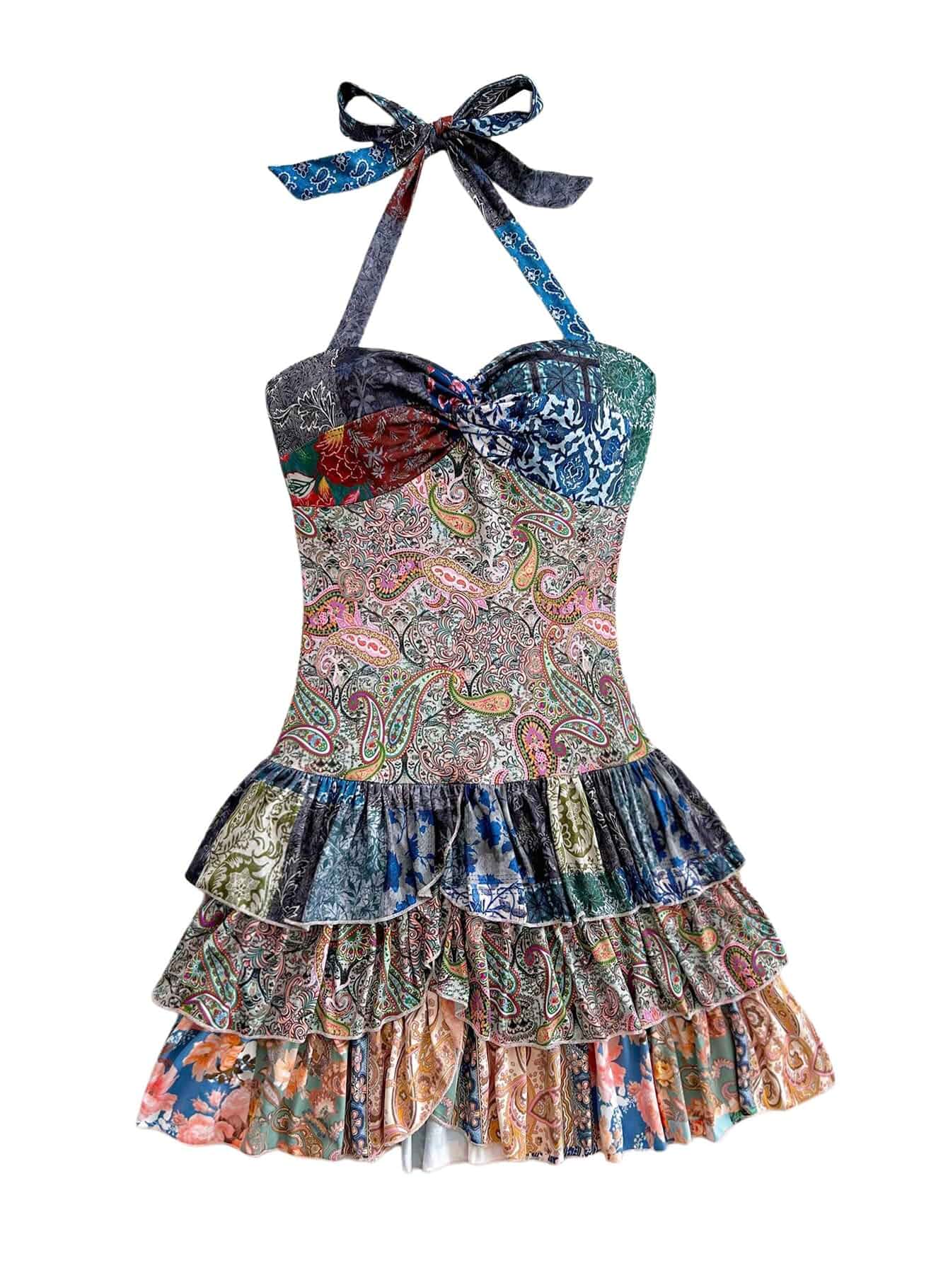 WDIRARA Women's Boho Paisley Halter Mini Dress Twist Front Layered Ruffle Summer Dress Sleeveless