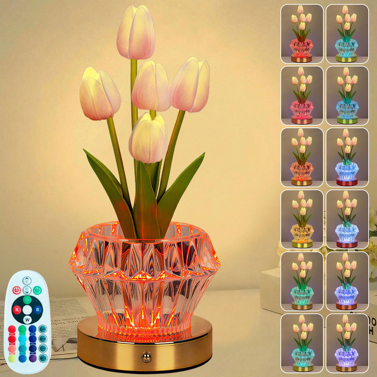 Table Tulip Flower Lamps,16 Colors Touch Stepless Dimming Crystal Night Light with Remote, Rechargeable Artificial Flower Light, LED Flower with Vase Lamp Romantic Decor (Pink Tulips - 5 Branches)