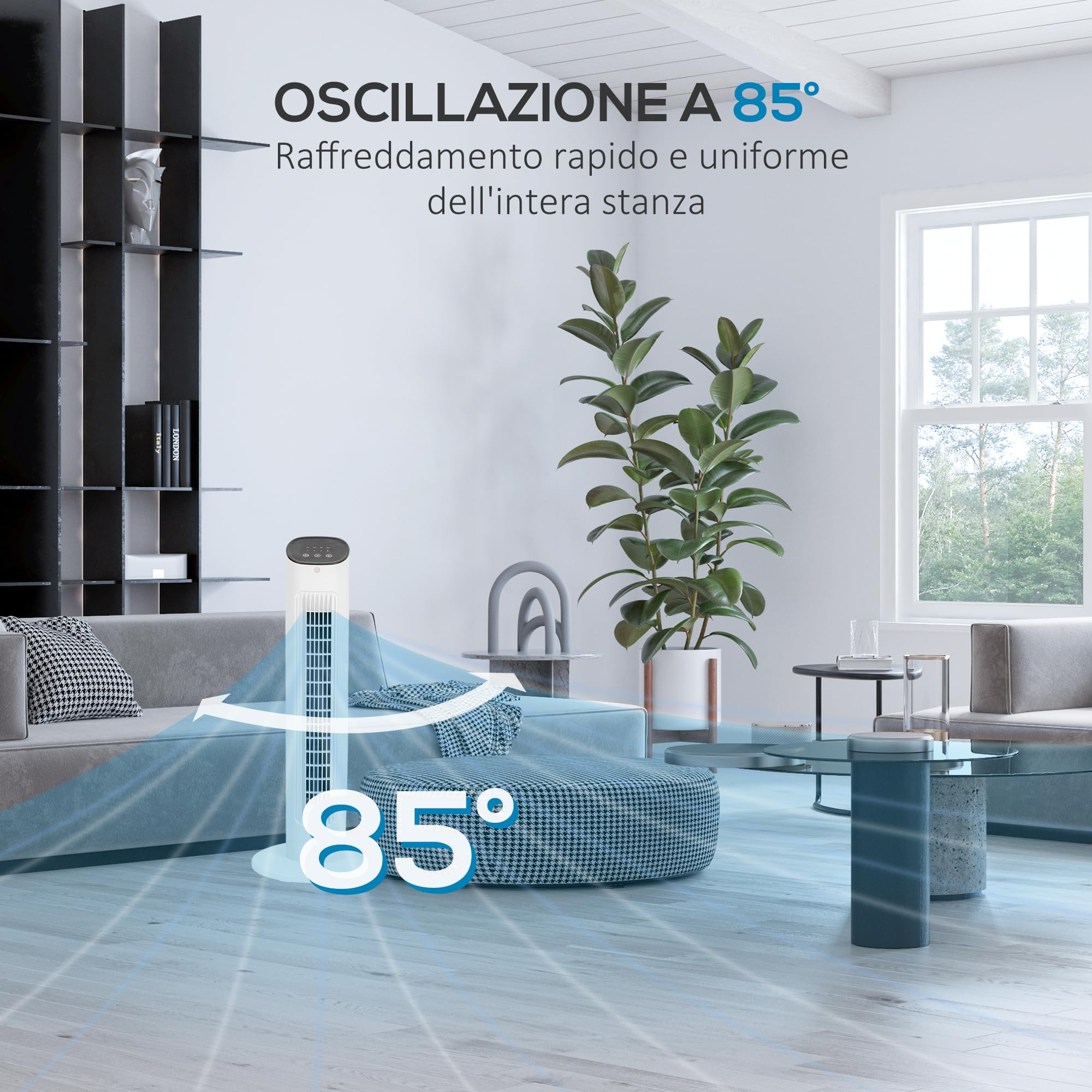HOMCOM Ventilatore a Torre con Telecomando e 3 Velocità, Ventilatore a Colonna con Timer 15 Ore, Oscillazione e Modalità Silenzioso, Bianco