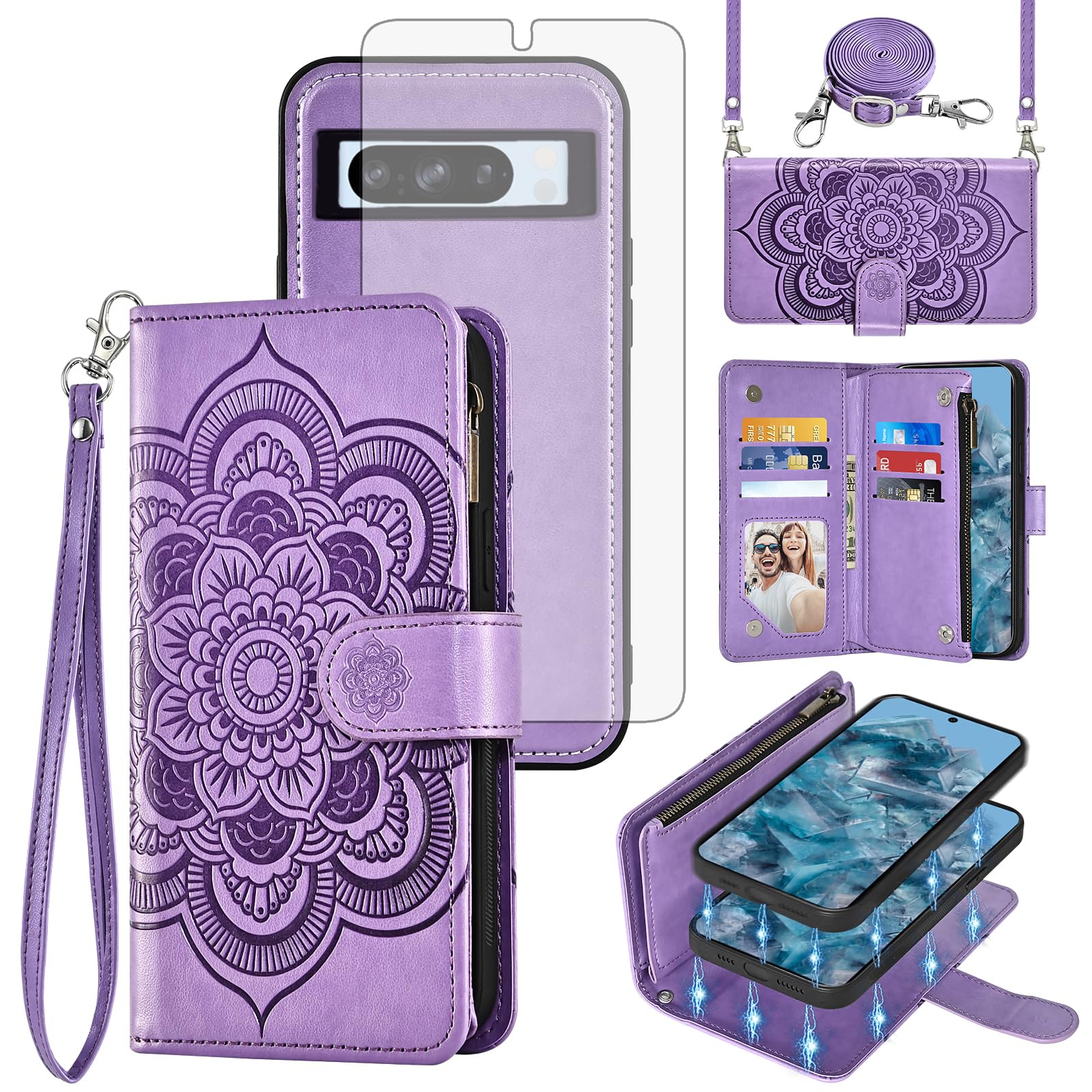 Asuwish Custodia per telefono per Google Pixel 8 Pro 5G Portafoglio con cerniera rimovibile con pellicola protettiva in vetro temperato cinturino mandala fiore porta carte Pixel8Pro Pixel8 XL otto