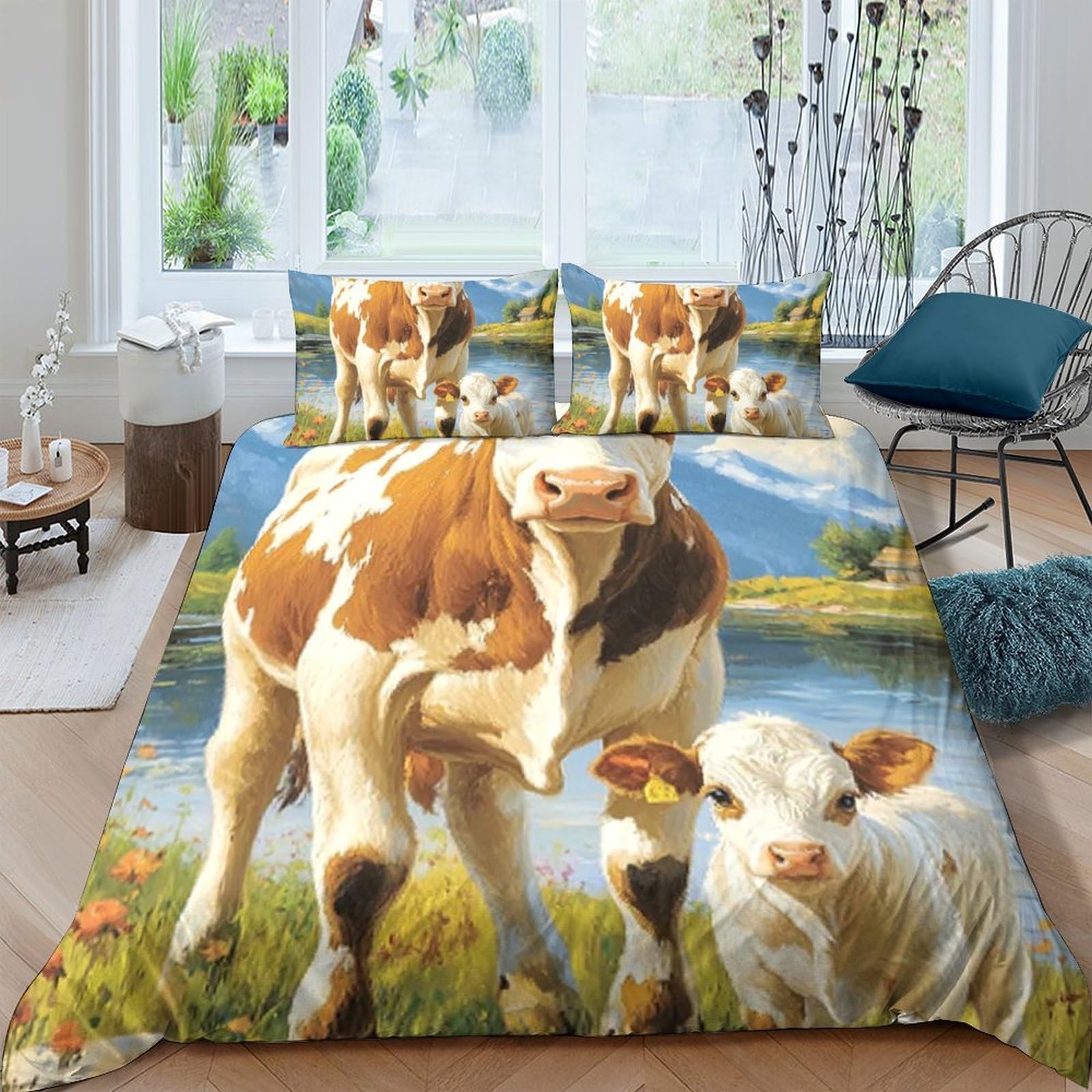 Ctjqhvkz Style-5 3D Printed Pastoral Calf Fitted Sheet Microfiber Soft Farm Landscape Mattress Cover Anti-Slip Machine Washable Bedroom Decor Single（135X200cm）