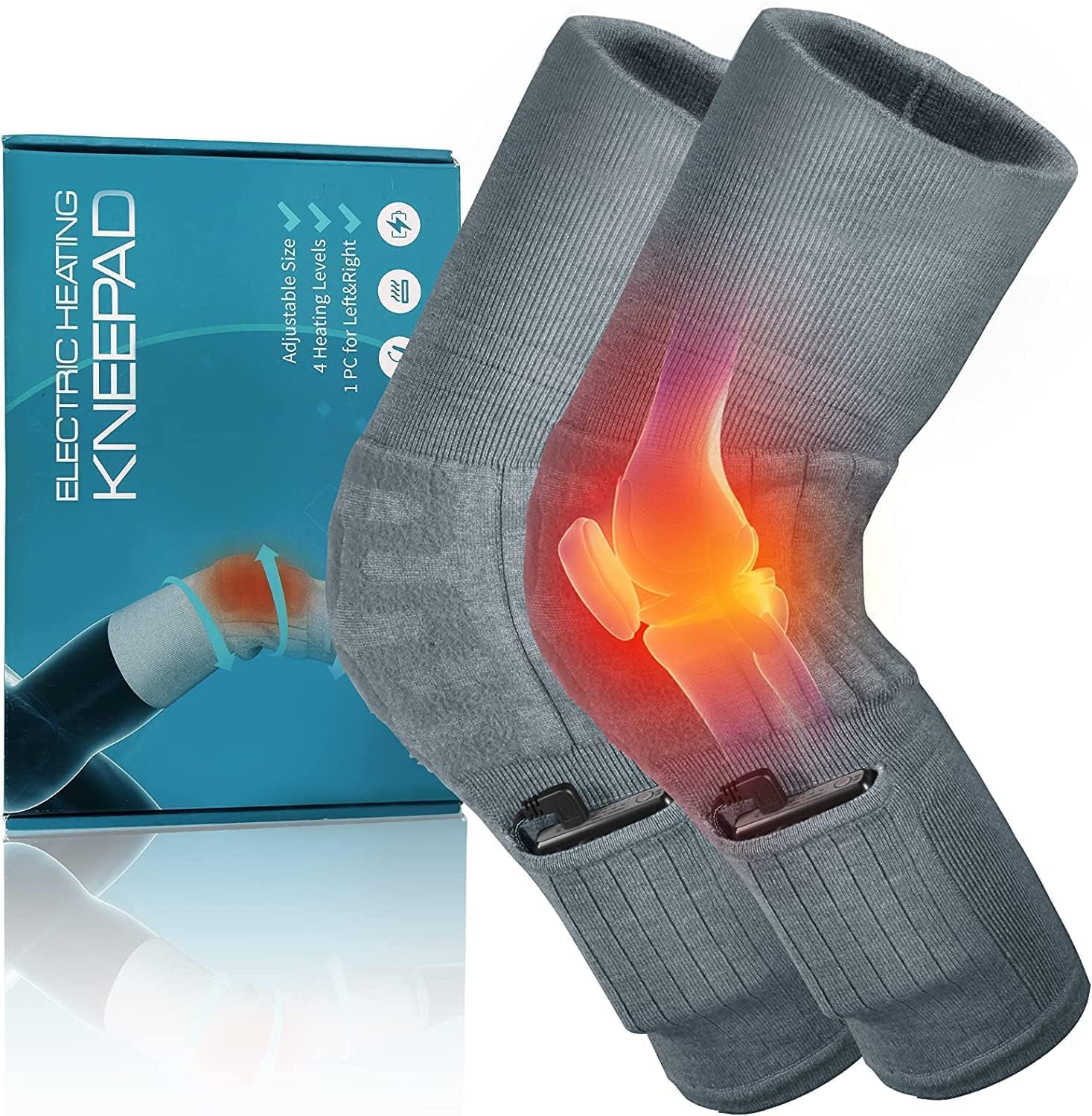 Heated Knee Massage, 4-Level Adjustable Knee Heating Pad for Arthritis and Muscle Pain Relief, 5000Amh Rechargable Heated Knee Brace Wrap for Arthritis Pain and Support, Grey