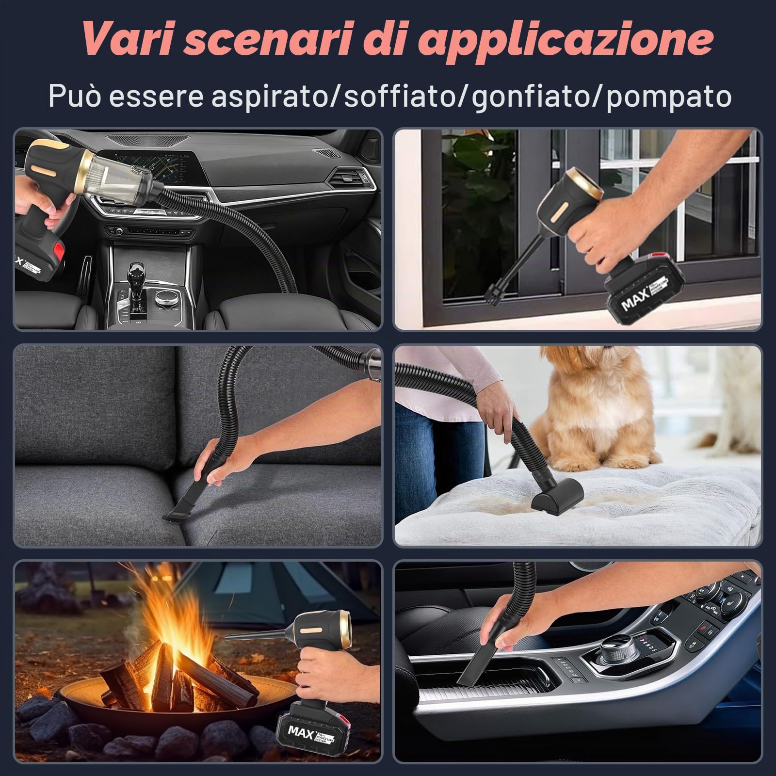 Aspirapolvere Portatile, 21000 Pa/120W Aspirapolvere Auto, 7 in 1 Aspirabriciole, con Batteria Rimovibile (10000 mAh)/USB, per la Pulizia di Automobili, Case e Peli di Animali Domestici, Ufficio