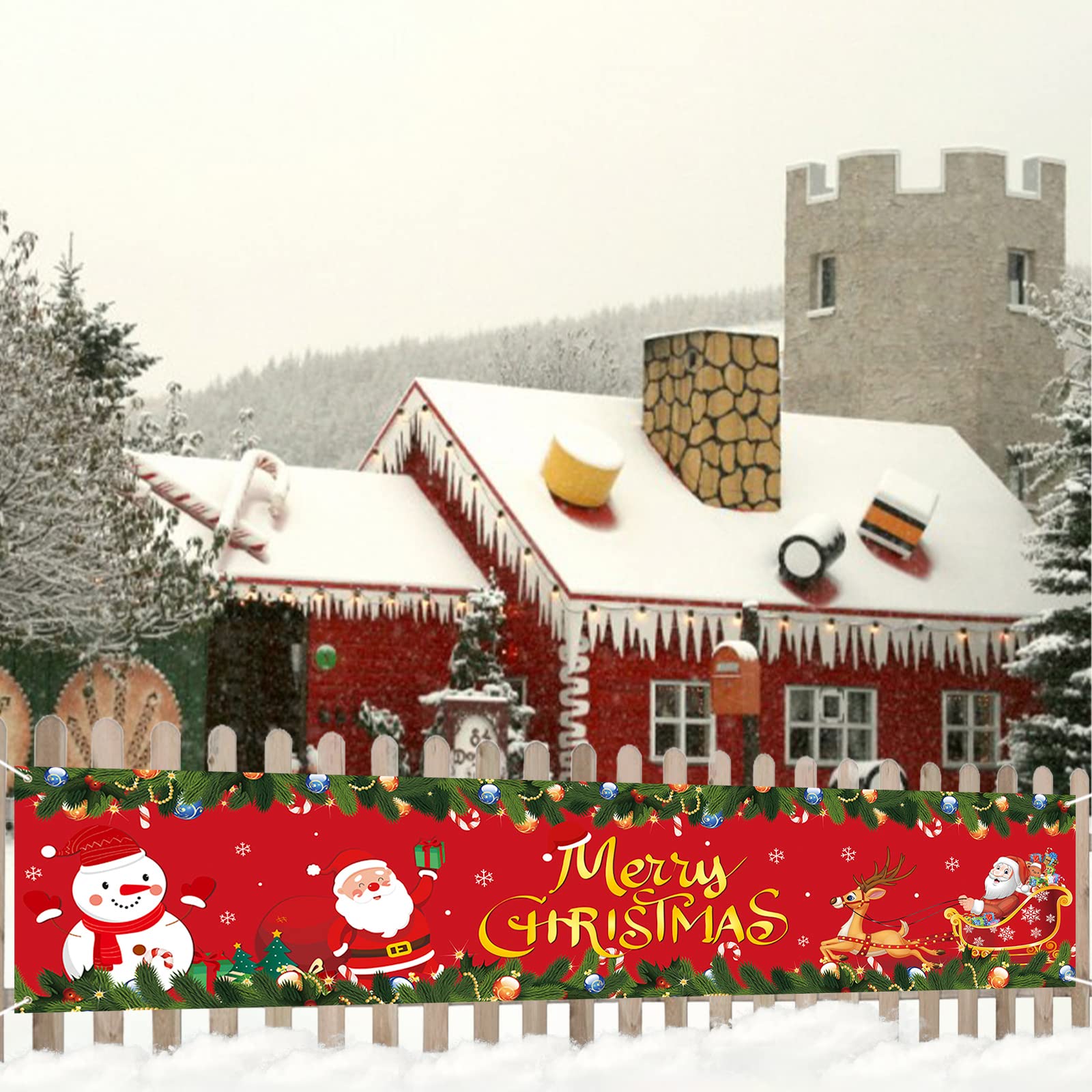 Merry Christmas Banner Outdoor, Christmas Yard Banner Decorations with Santa Claus Snowman Wreath, Red Merry Xmas Sign Banners Poster for Xmas New Year Party Wall Hanging Photo Booth Home Garden Fence